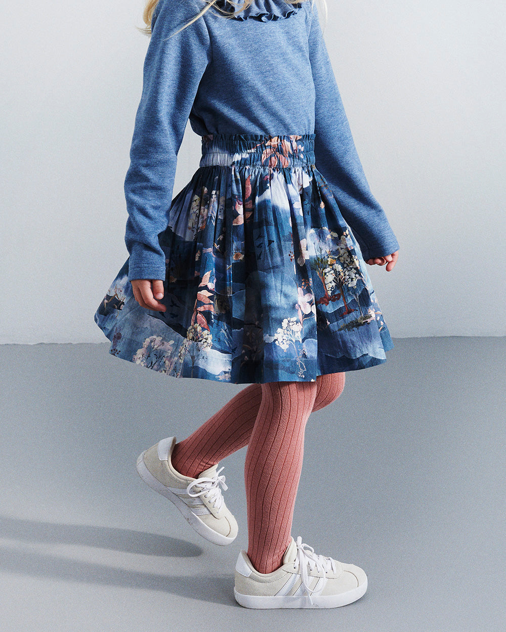 Poplin Skirt w. Scenic Print - Kids - Blue/Rose