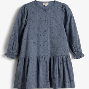 Cotton Dress w. Micro Dots - Kids - Dusty Blue