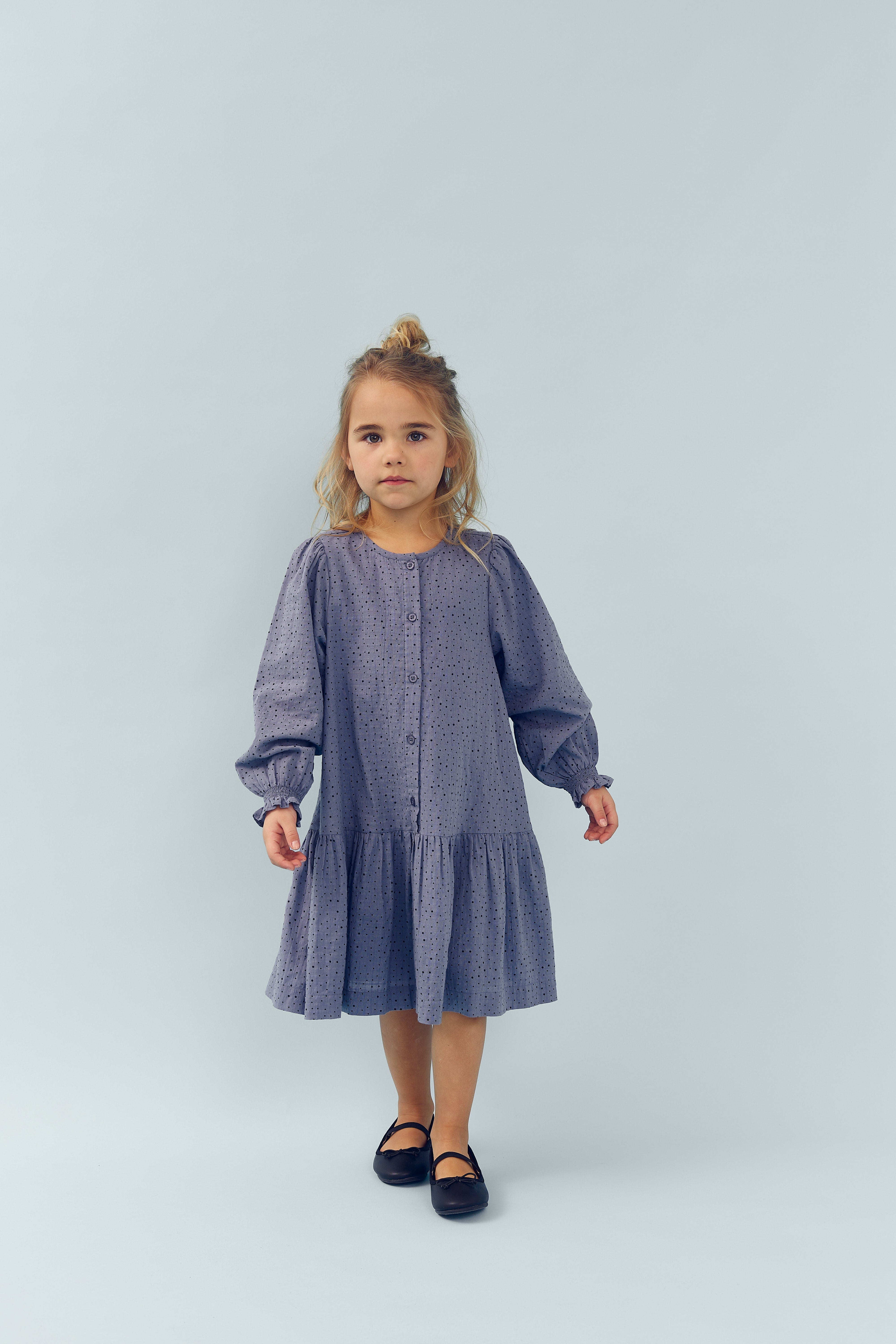 Cotton Dress w. Micro Dots - Kids - Dusty Blue