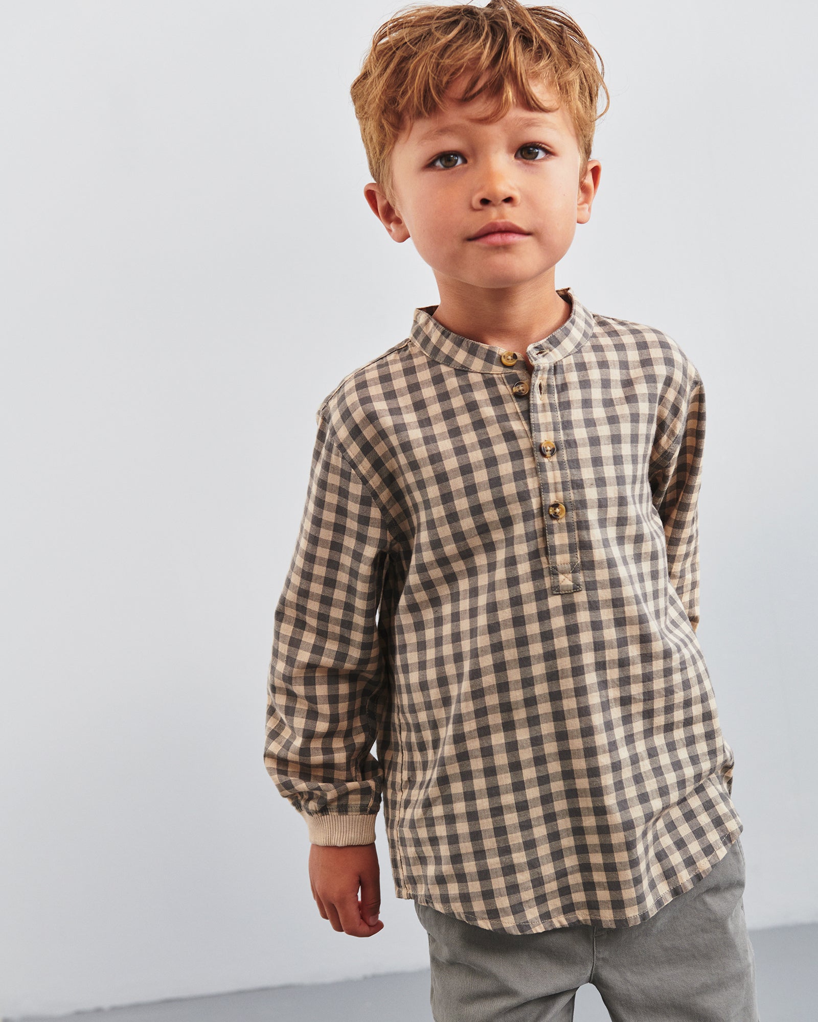 Micro Gingham Cotton Shirt - Kids - Grey/Beige