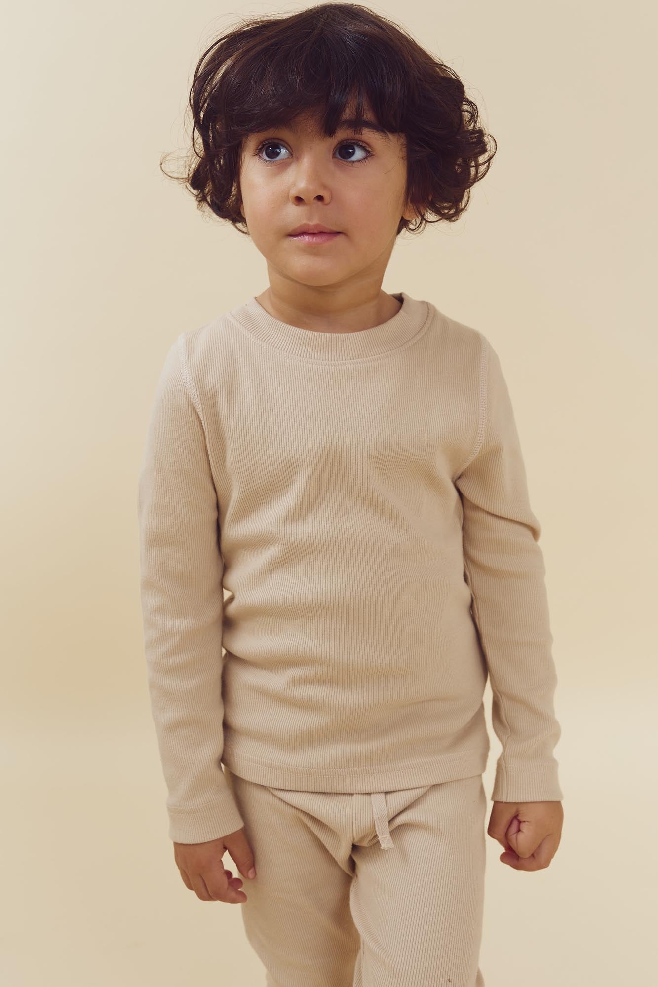 Long Sleeve Basic Rib T-shirt - Kids - Beige
