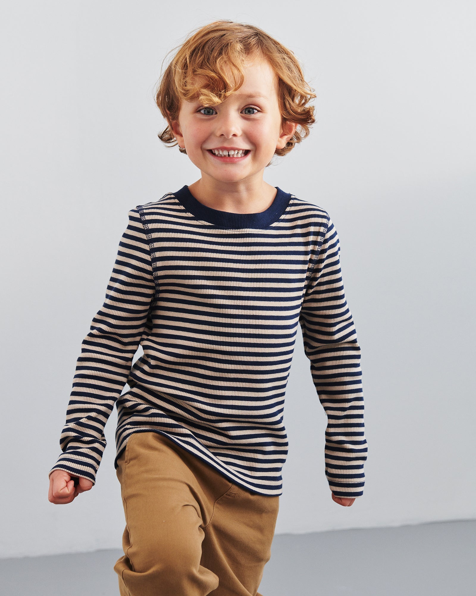 Striped Long Sleeved Basic Rib T-shirt - Kids - Navy/Beige