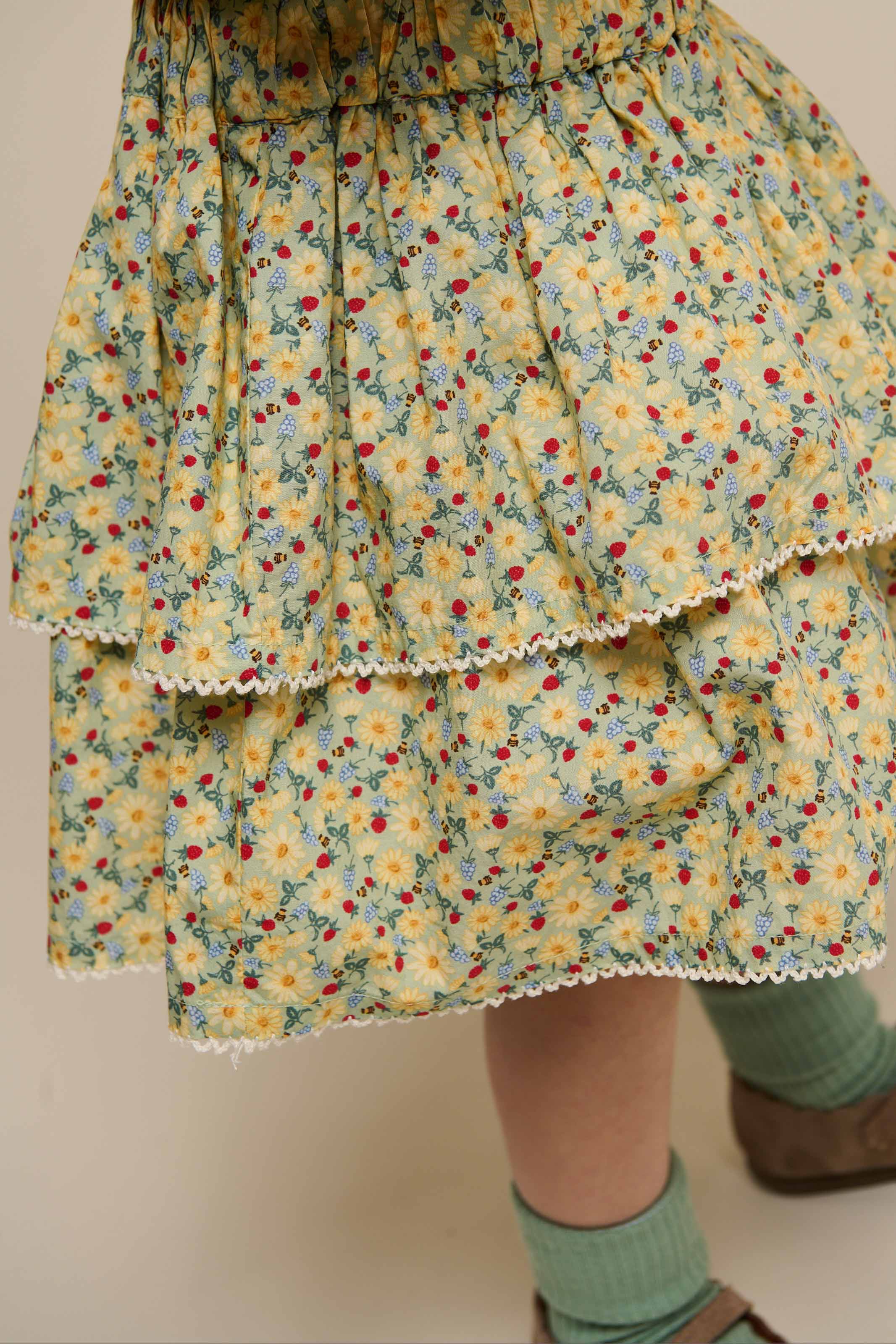Flower Printed Poplin Frill Skirt - Kids - Green | 100954 Poppy