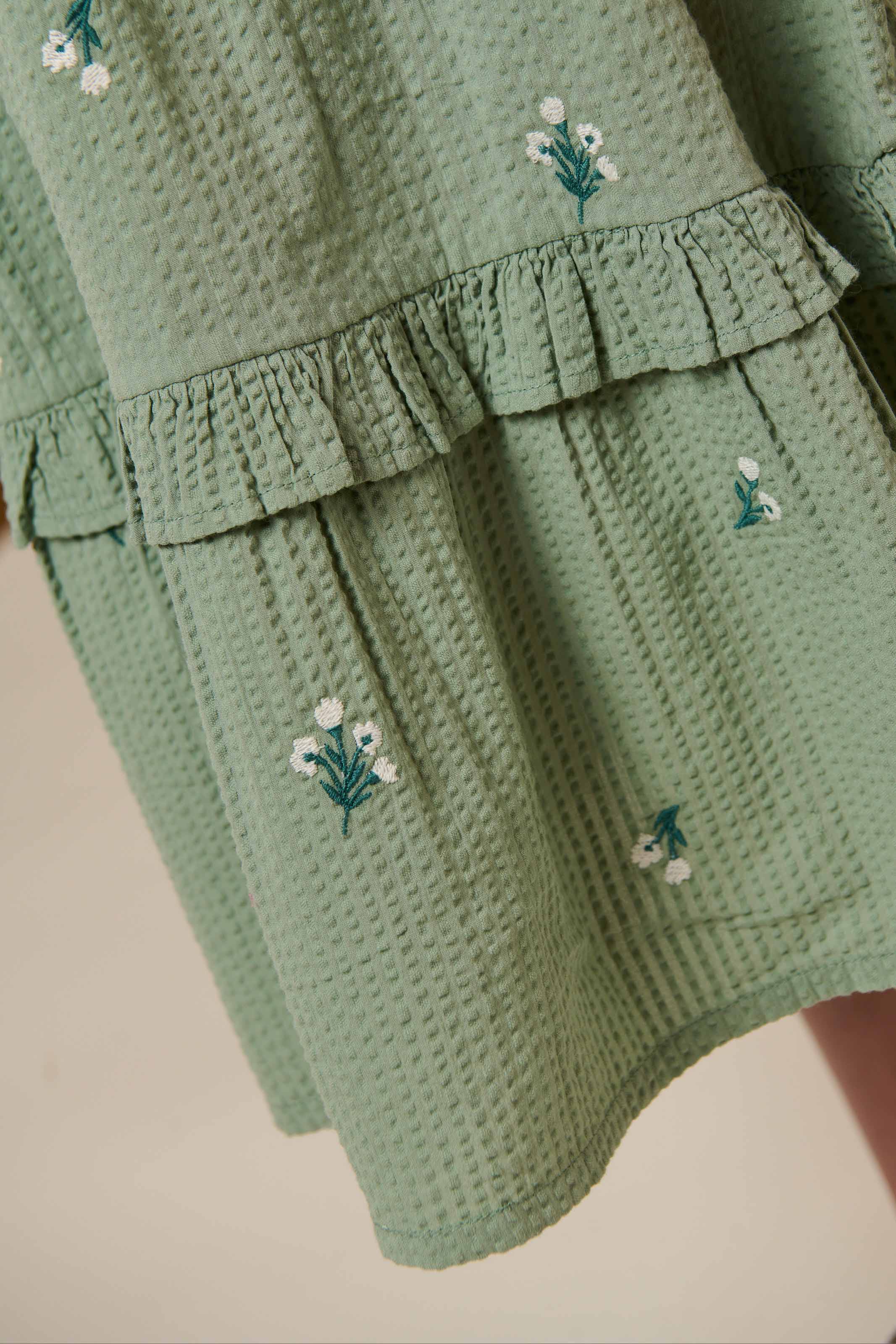 Embroidered Seersucker Dress - Tween - Dusty Green | 100977 Nora