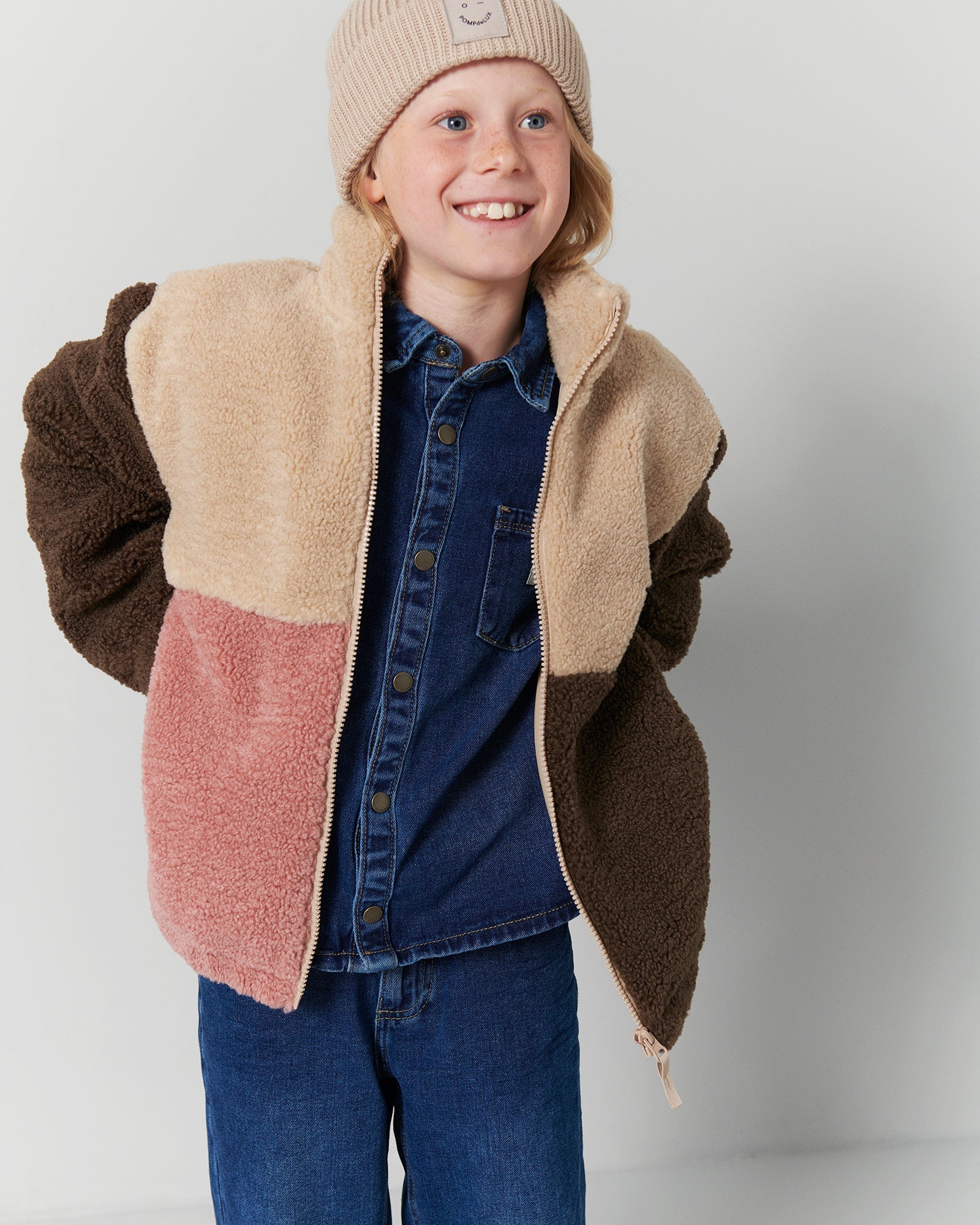 Colorblock Teddy Jacket Tween Dusty Rose Beige Dark Earth