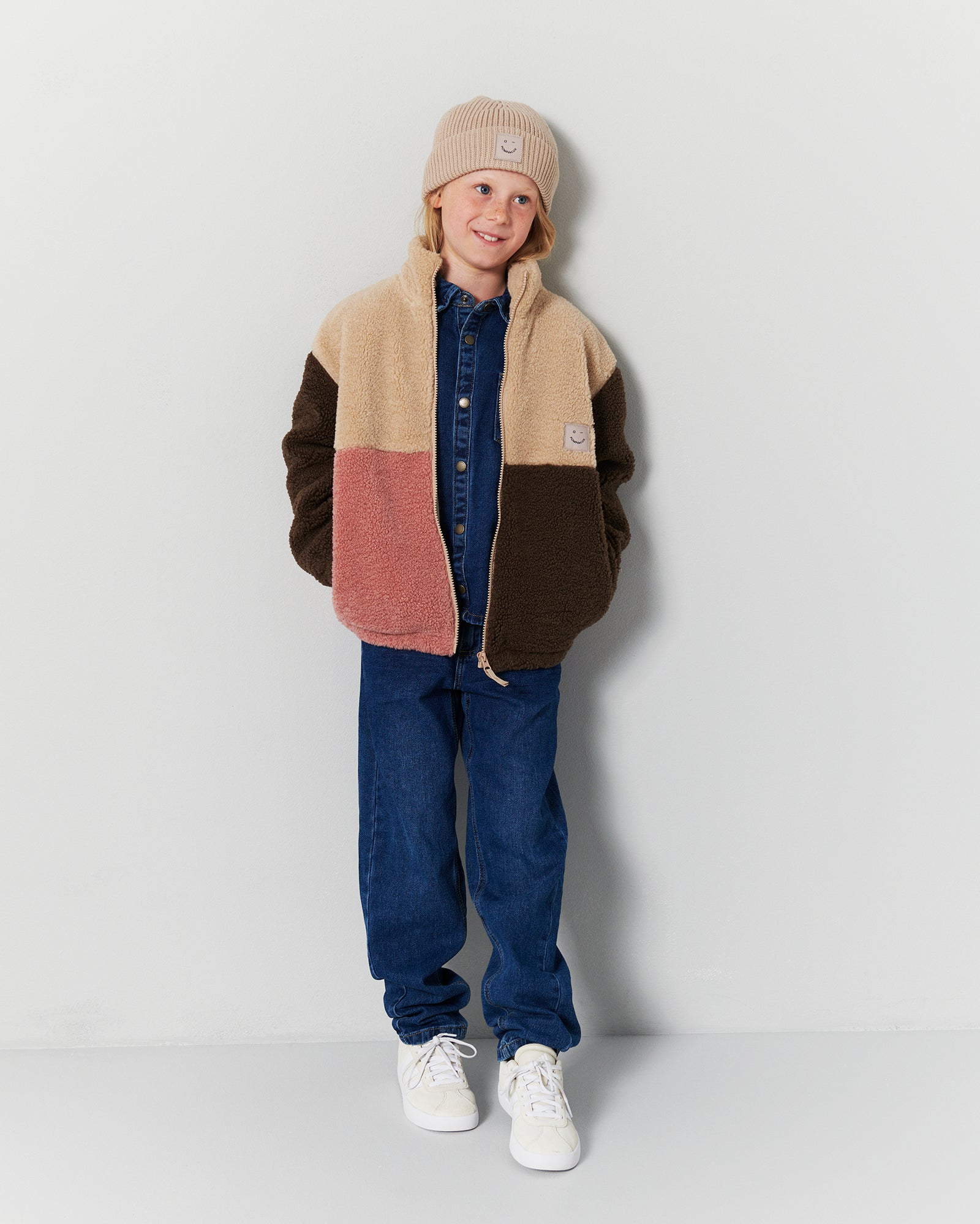 Colorblock Teddy Jacket Tween Dusty Rose Beige Dark Earth