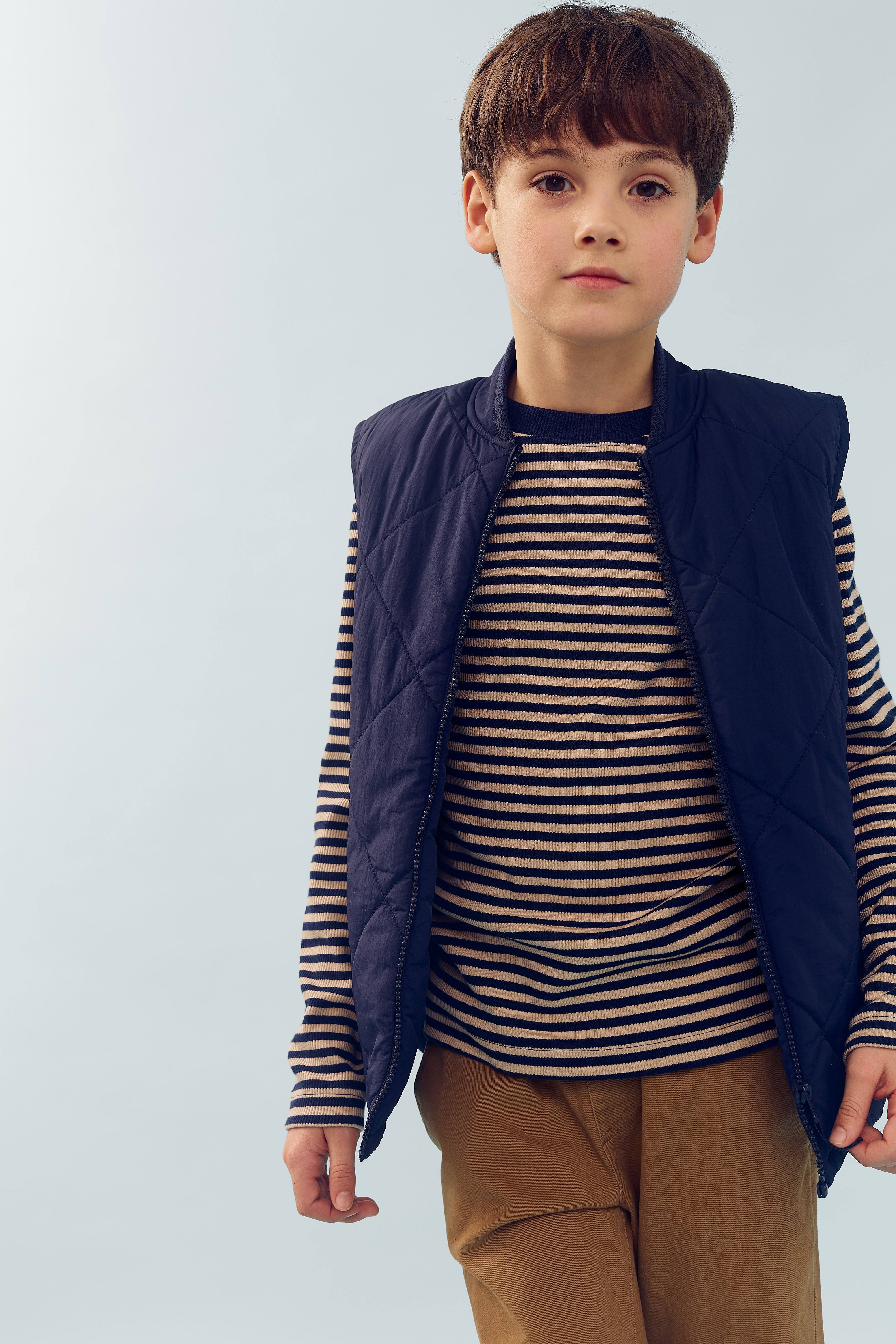 Striped Long Sleeved Basic Rib T-shirt - Tween - Navy/Beige