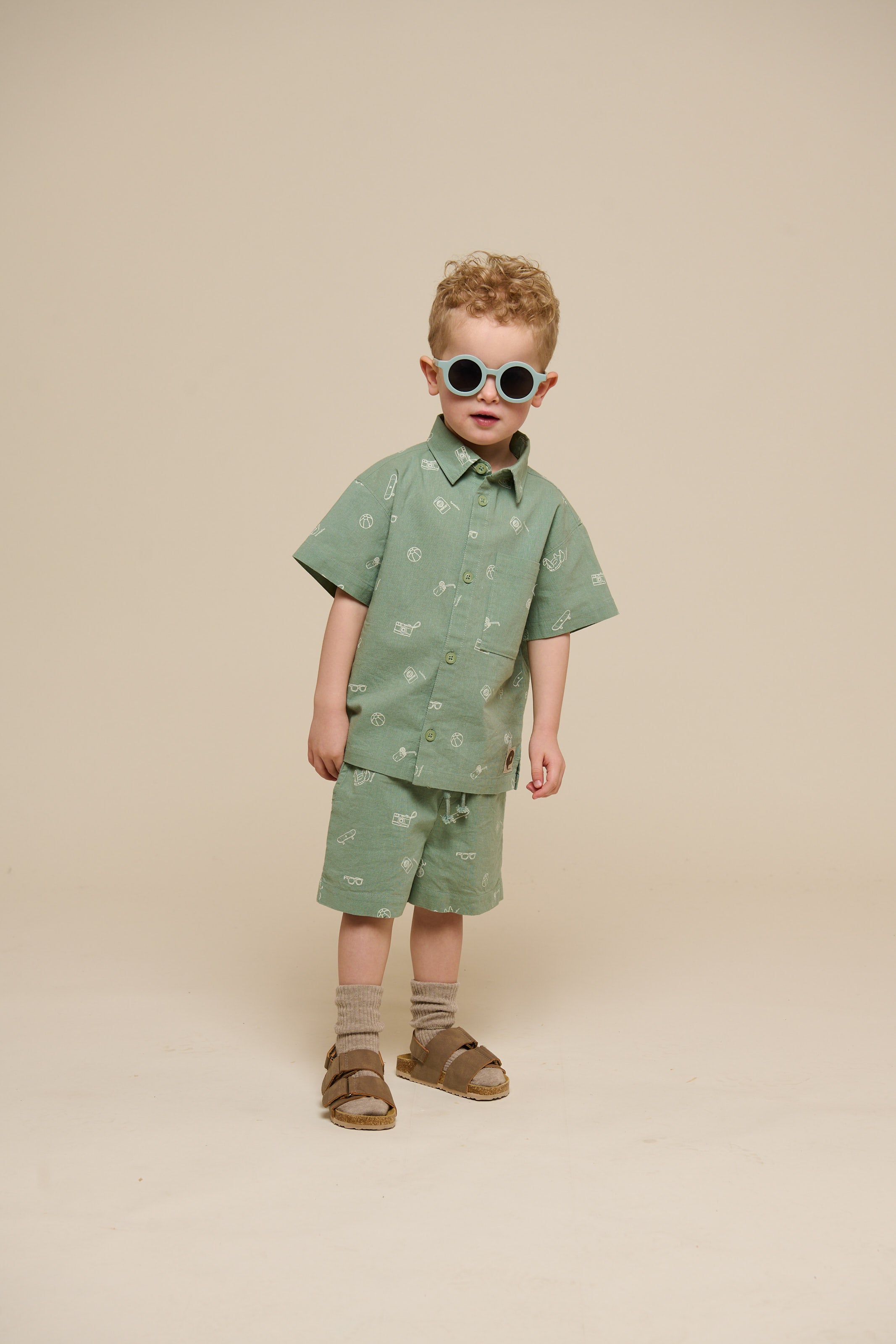 Printed Linen Mix Shirt - Kids - Dusty Green | 101165 William