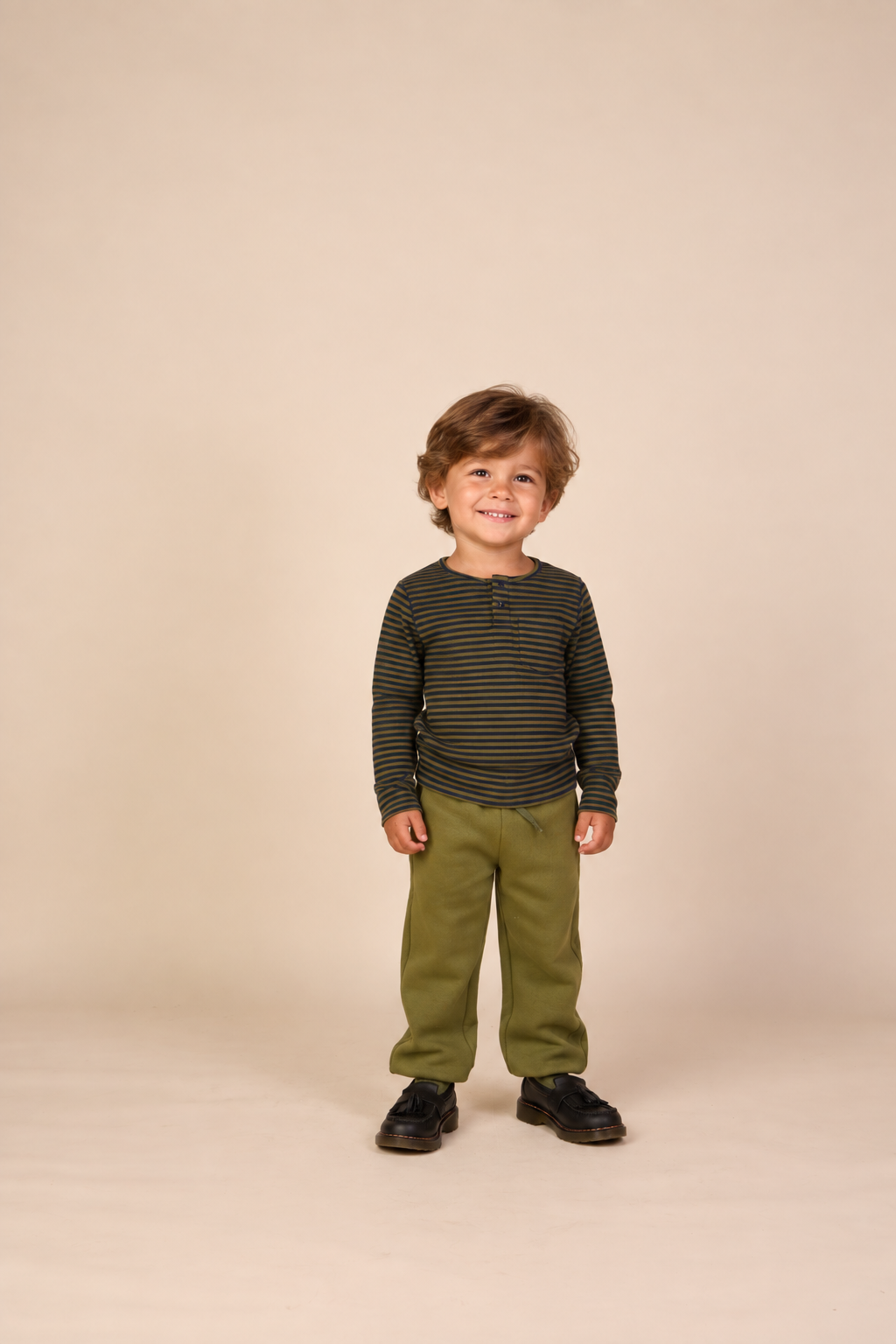 Ribbed Long-Sleeve Henley T-Shirt - Kids - Moss Green/Navy Stripe | 101595 Conrad