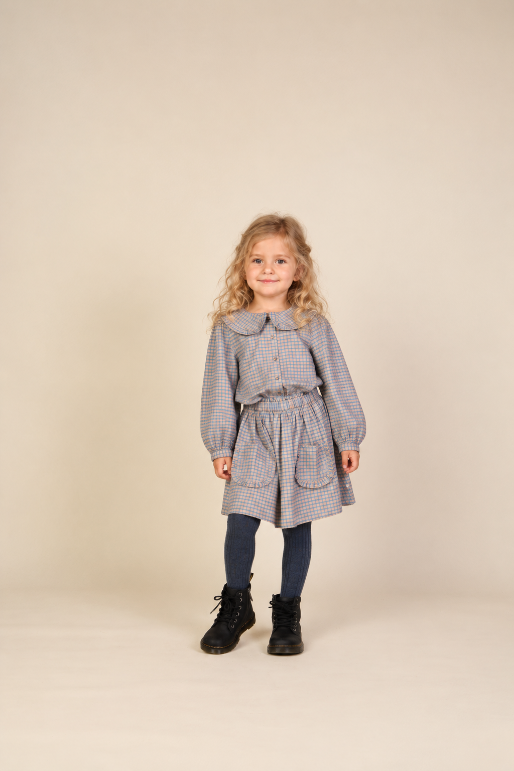 Frill Pocket Poplin Skirt - Kids - Blue Check | 101445 Julia