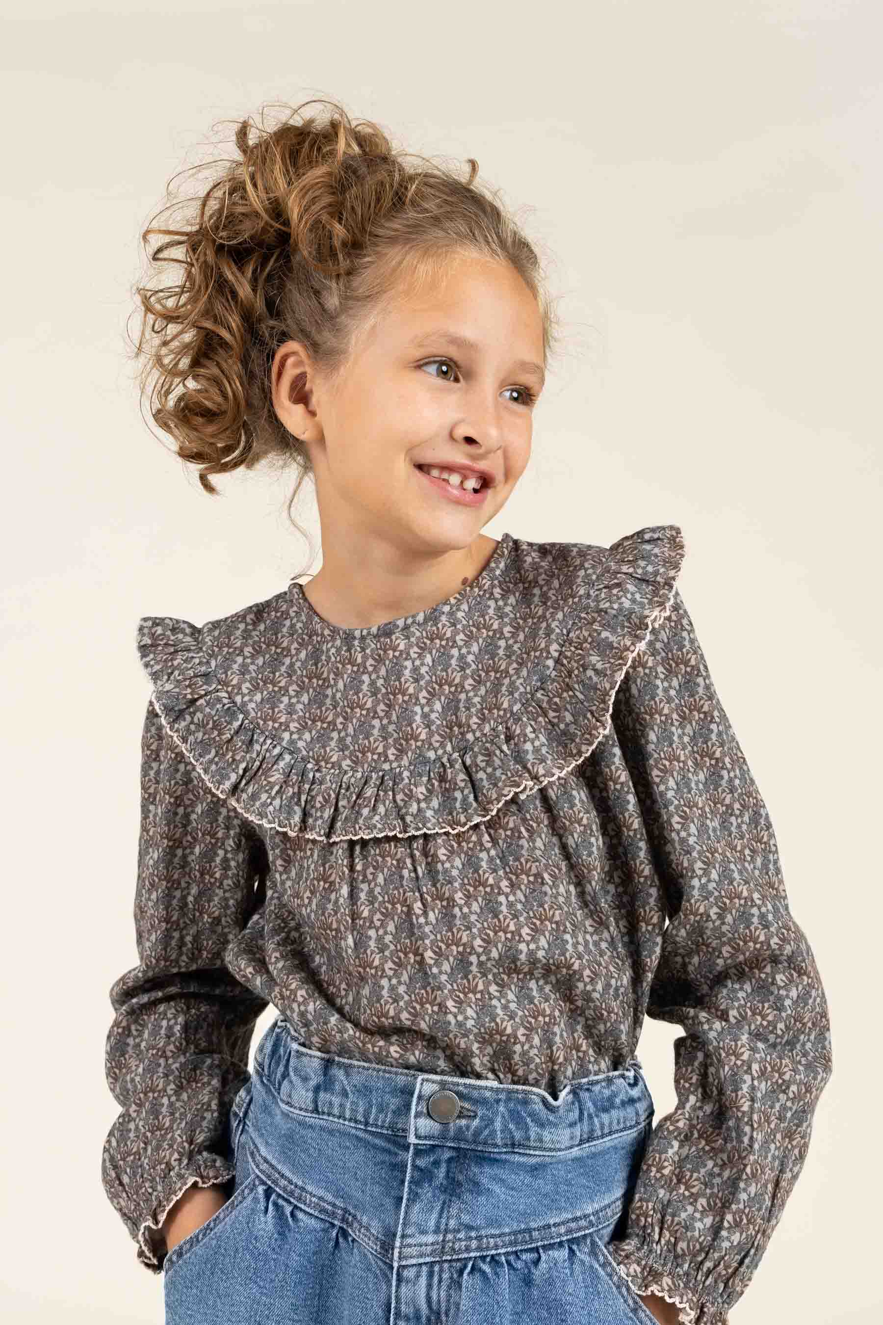 Printed Double Gauze Two-way Blouse - Tween - Blue / Brown | 100730 Maggie