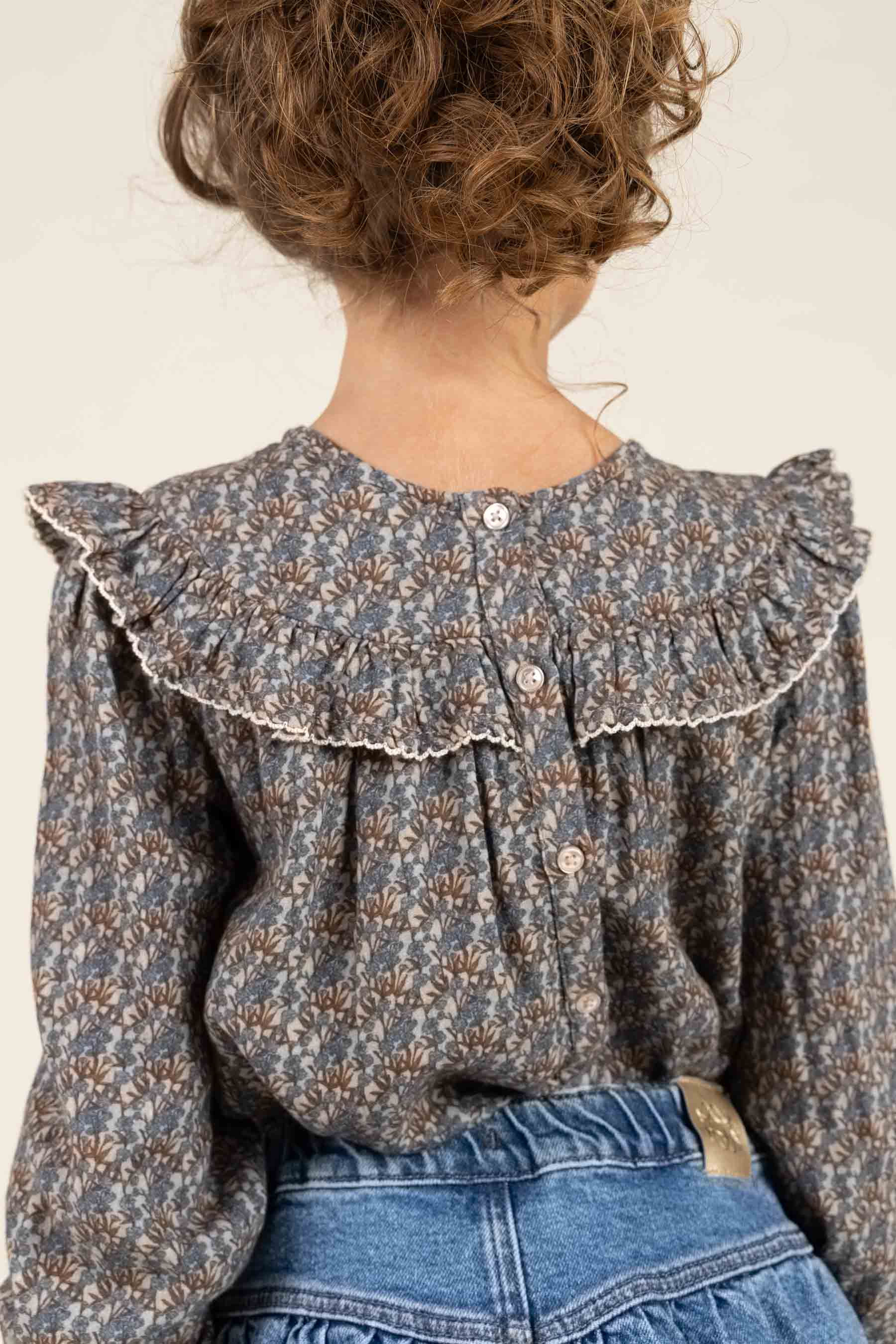 Printed Double Gauze Two-way Blouse - Tween - Blue / Brown | 100730 Maggie