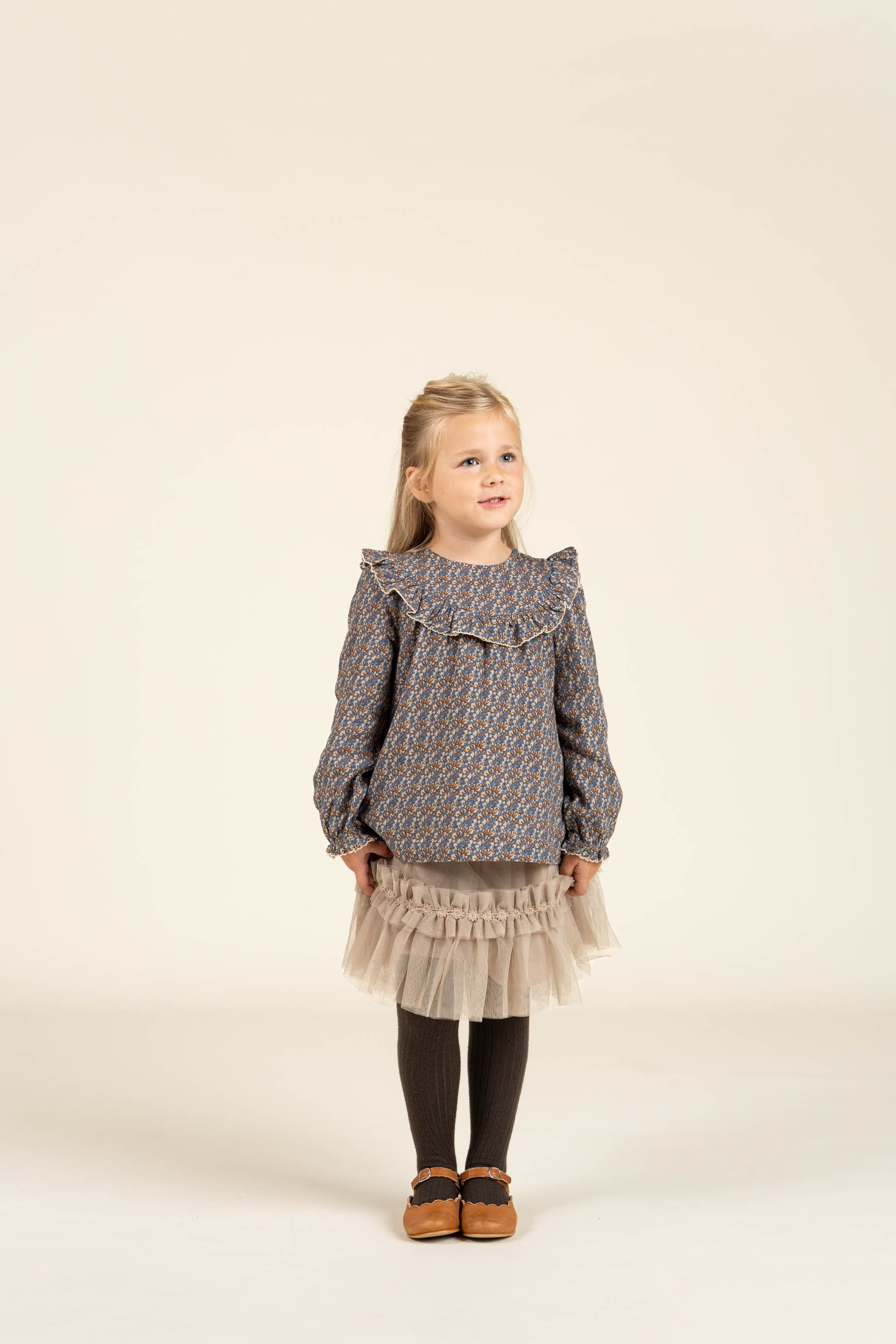 Printed Double Gauze Two-way Blouse - Kids - Blue / Brown | 100729 Maggie