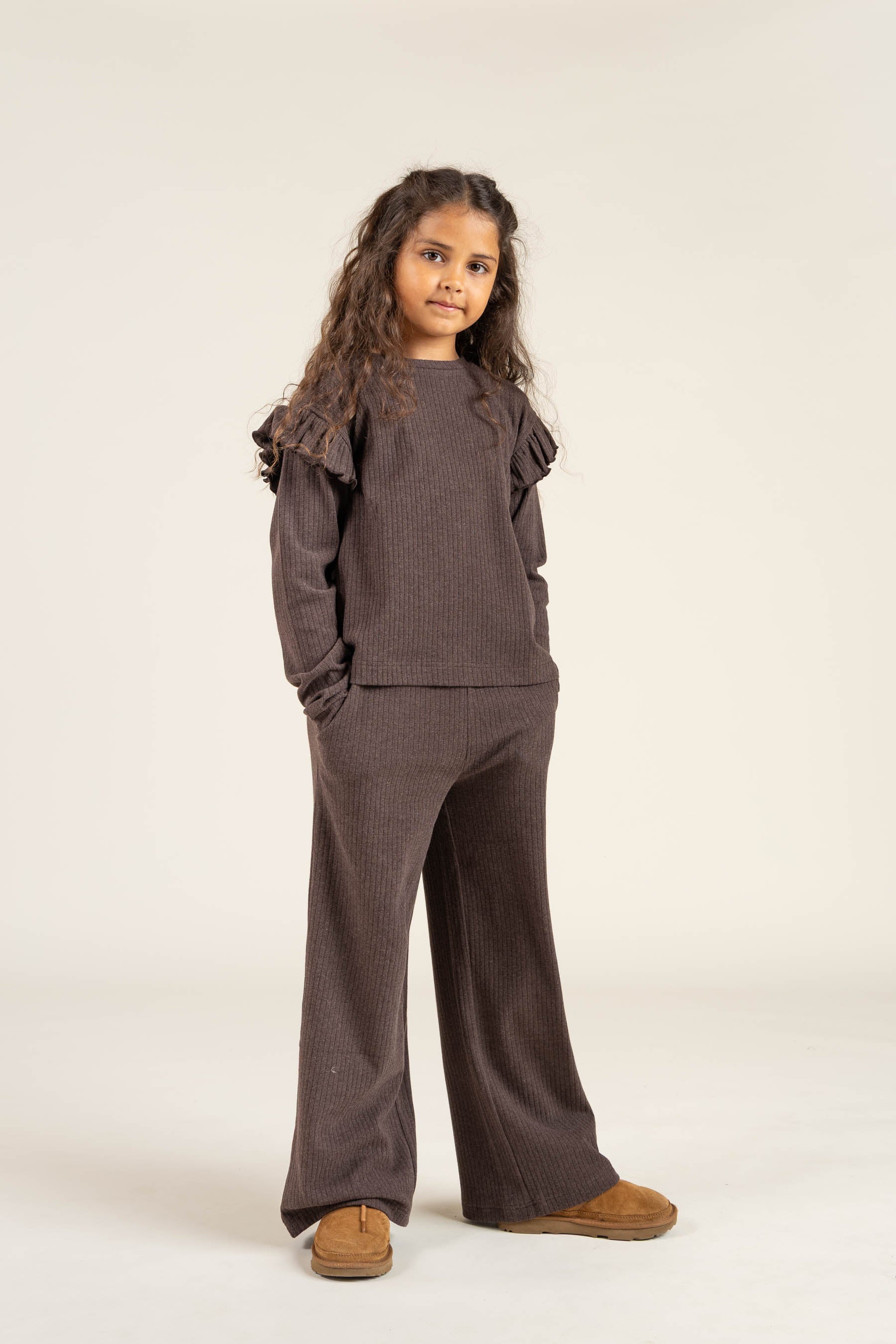 Soft Rib Wide Leg Pants - Tween - Chocolate Melange | 100701 Alana