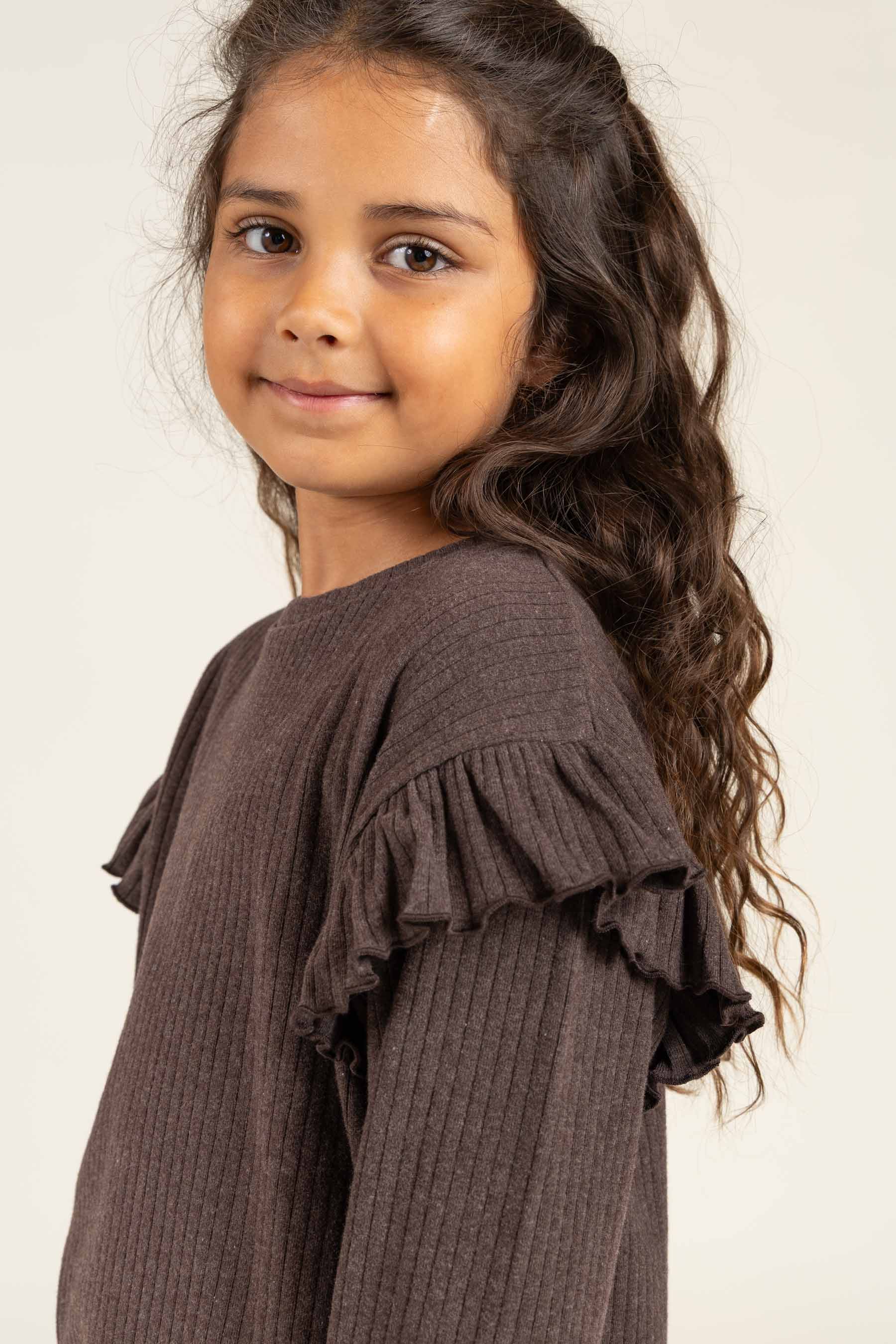 Soft Rib Frill Blouse - Tween - Chocolate Melange | 100695 Alana