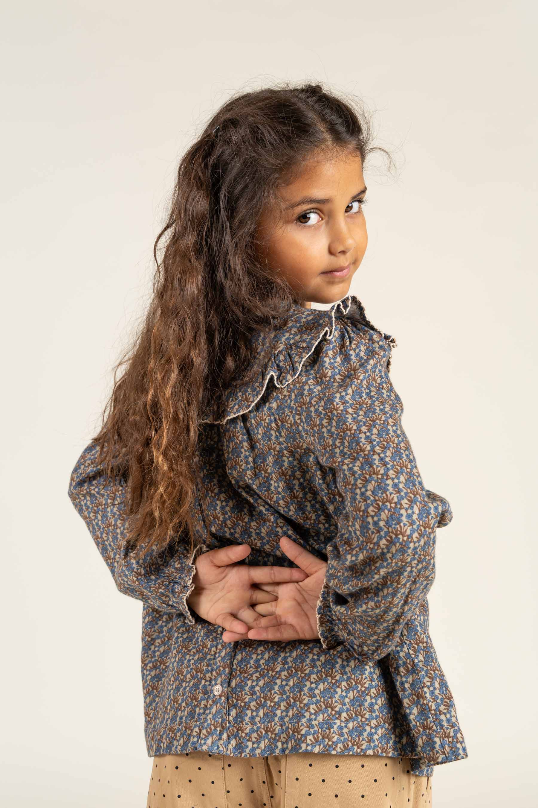 Printed Double Gauze Two-way Blouse - Tween - Blue / Brown | 100730 Maggie