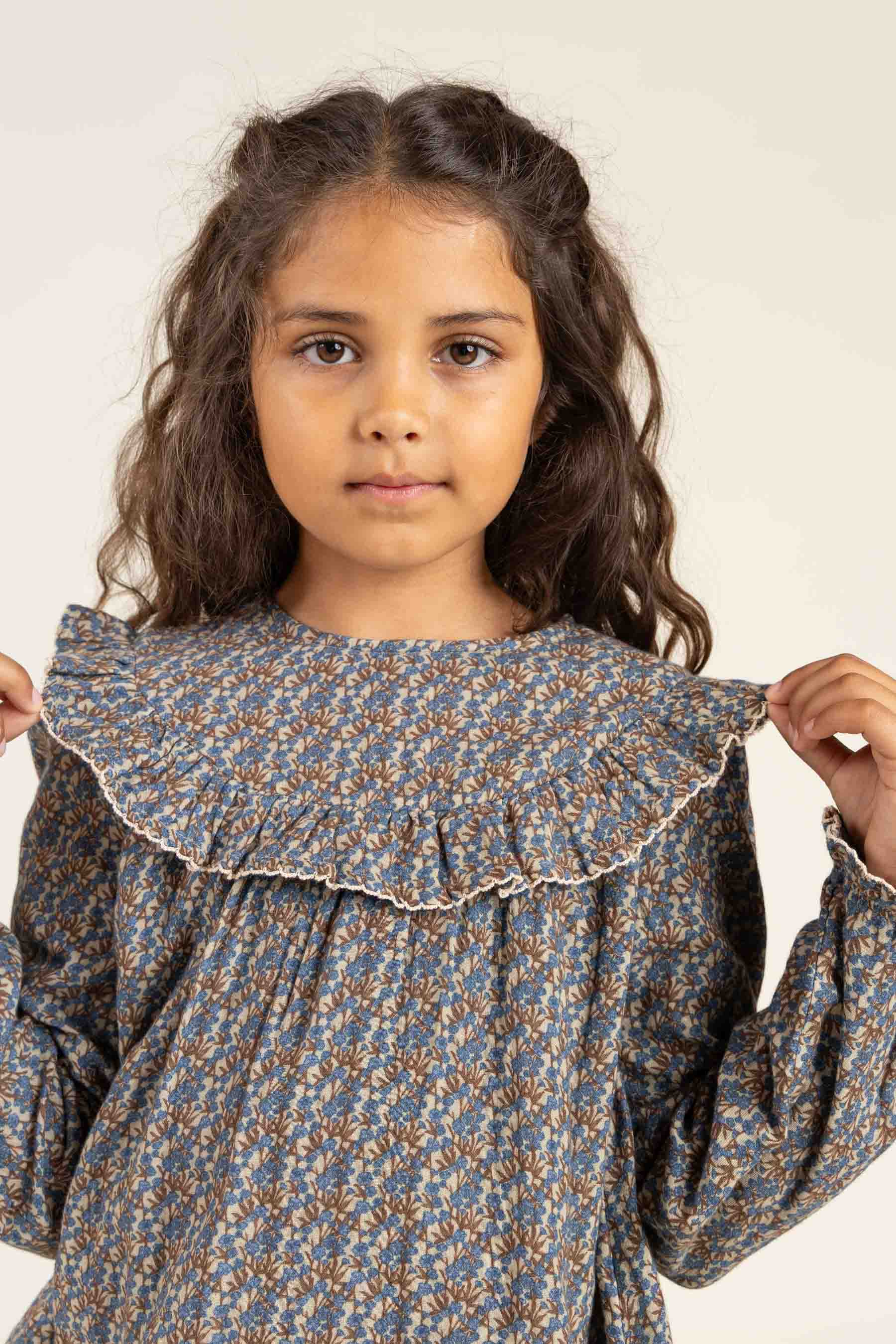 Printed Double Gauze Two-way Blouse - Tween - Blue / Brown | 100730 Maggie
