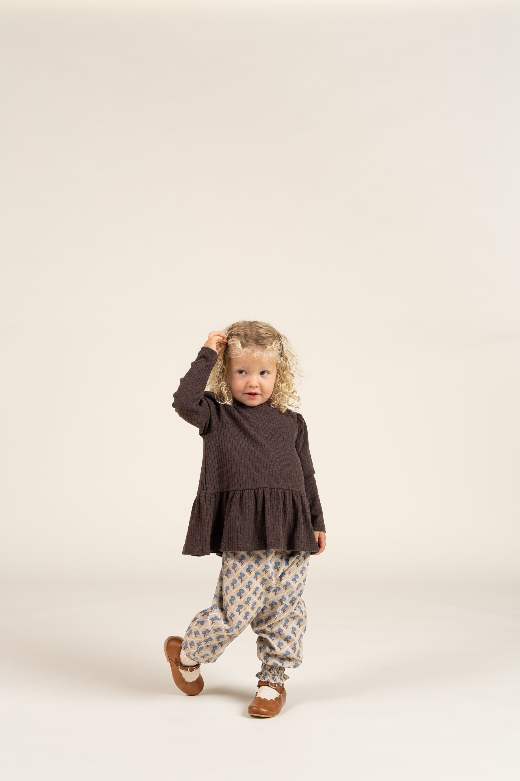 Printed Cotton Poplin Trousers - Kids - Caffe Latte w. Blue | 100724 Amine