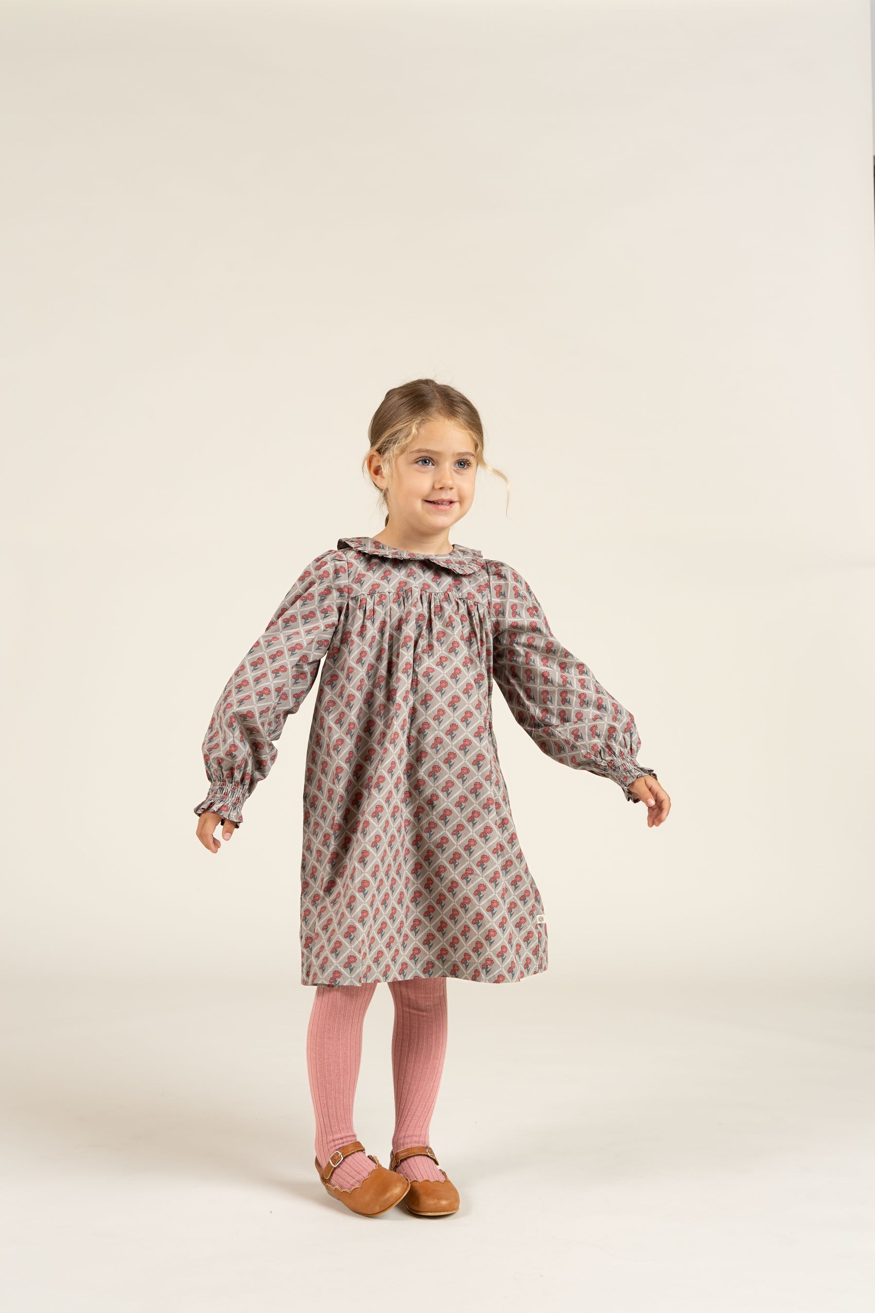Printed Cotton Poplin Dress - Kids - Green w. Vintage Red | 100802 Amine