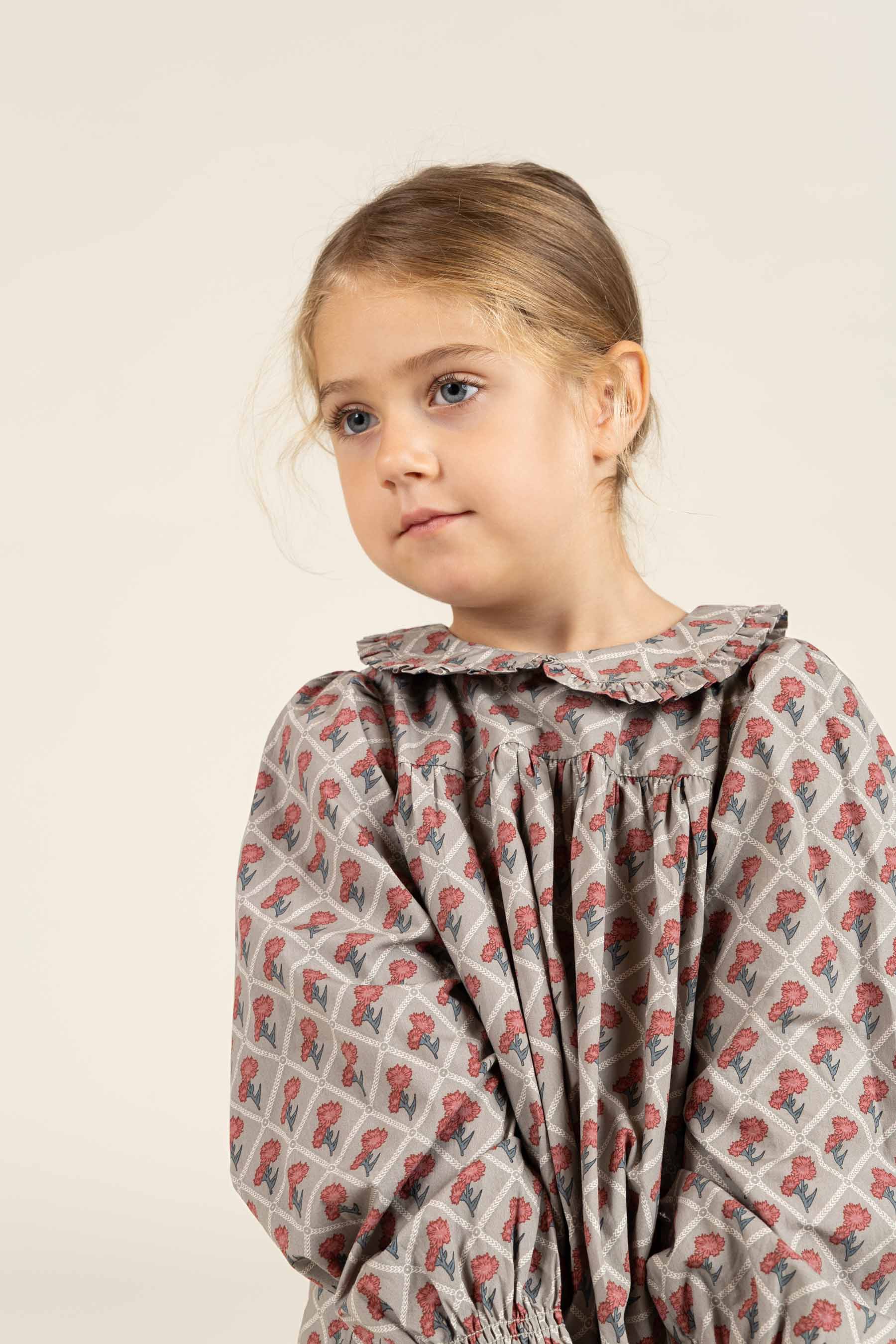Printed Cotton Poplin Dress - Kids - Green w. Vintage Red | 100802 Amine