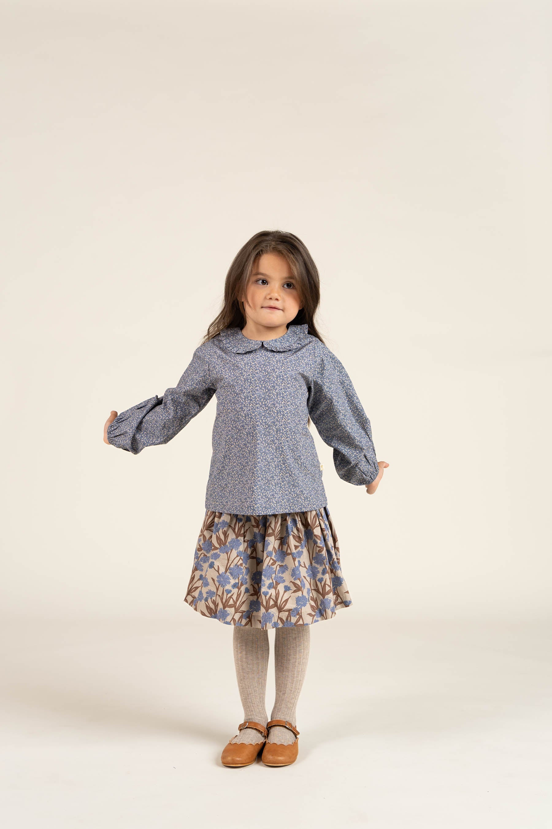 Printed Cotton Poplin Skirt - Kids - Blue / Brown | 100715 Amy
