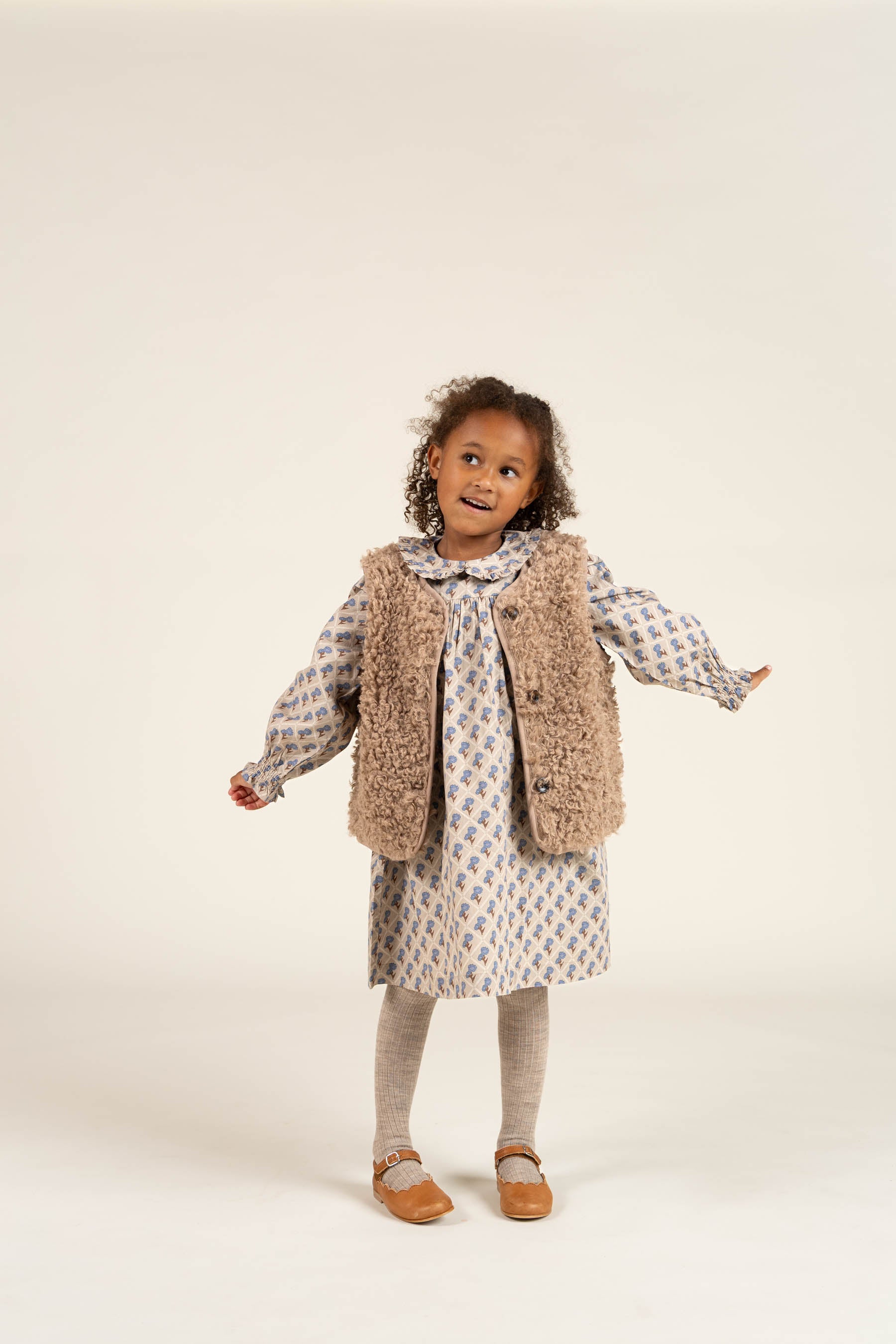 Printed Cotton Poplin Dress - Kids - Caffe Latte w. Blue | 100803 Amine