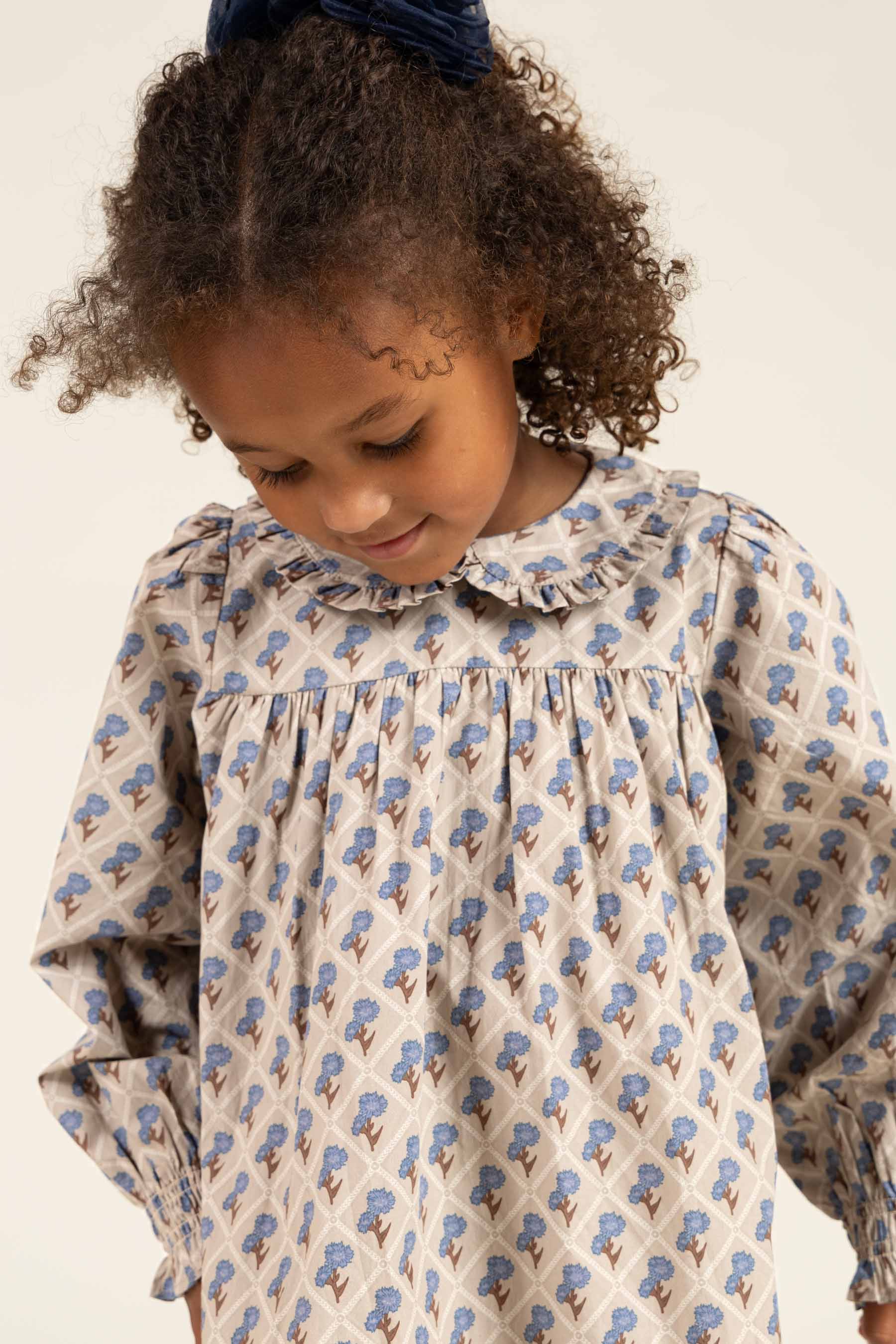 Printed Cotton Poplin Dress - Kids - Caffe Latte w. Blue | 100803 Amine