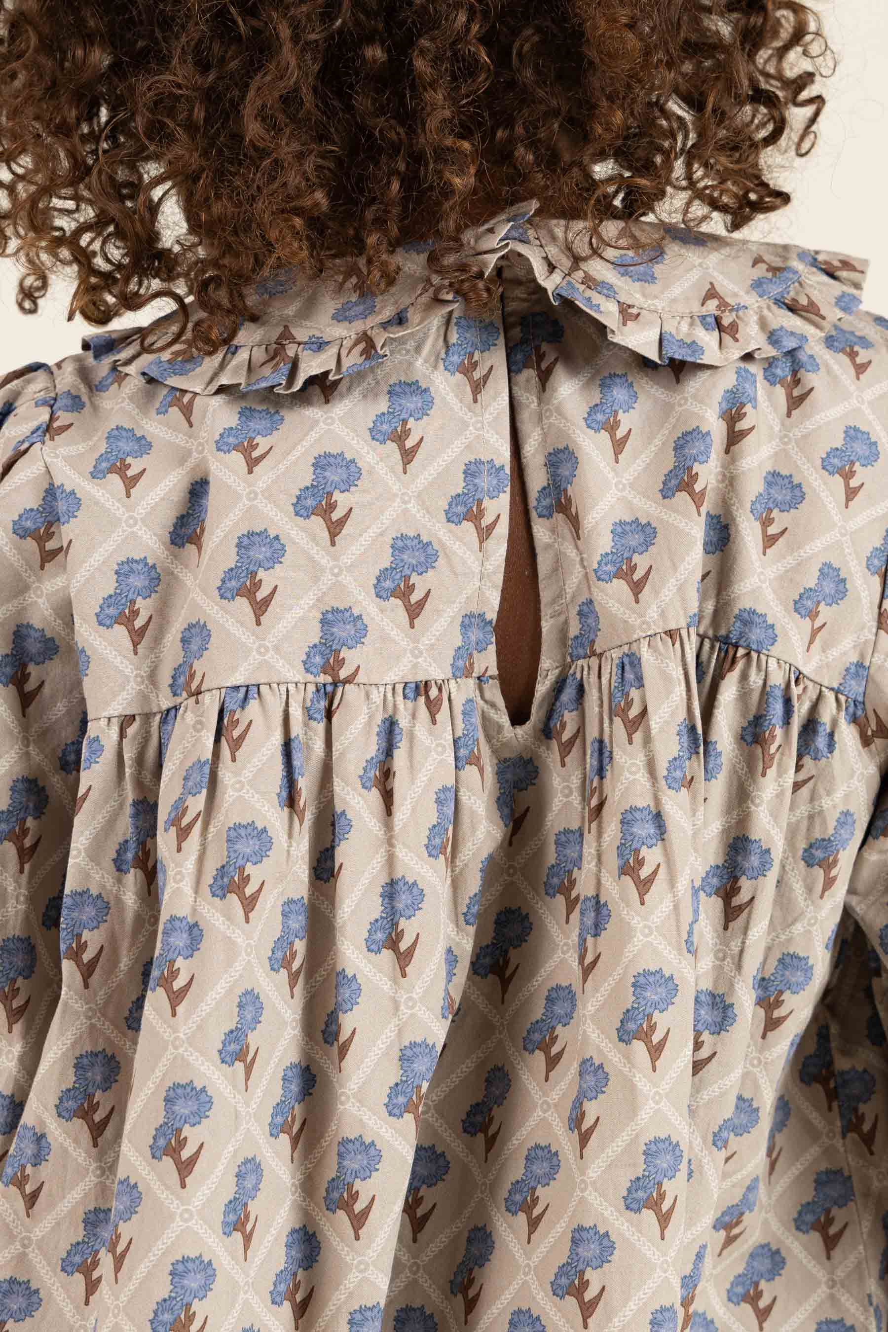 Printed Cotton Poplin Dress - Kids - Caffe Latte w. Blue | 100803 Amine