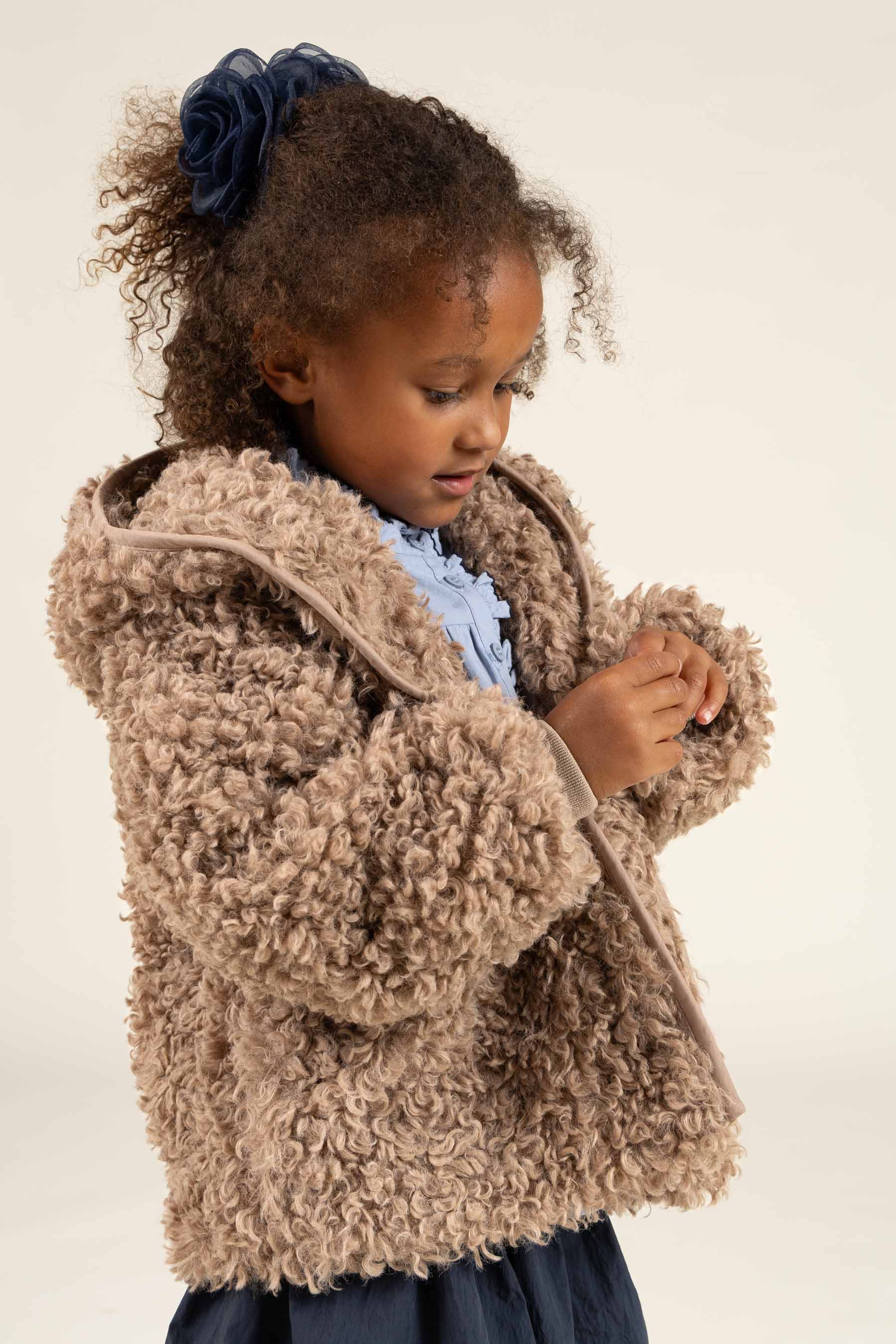 Faux Fur Hooded Jacket with Rib cuff - Kids - Caffe Latte | 100546 Ellie