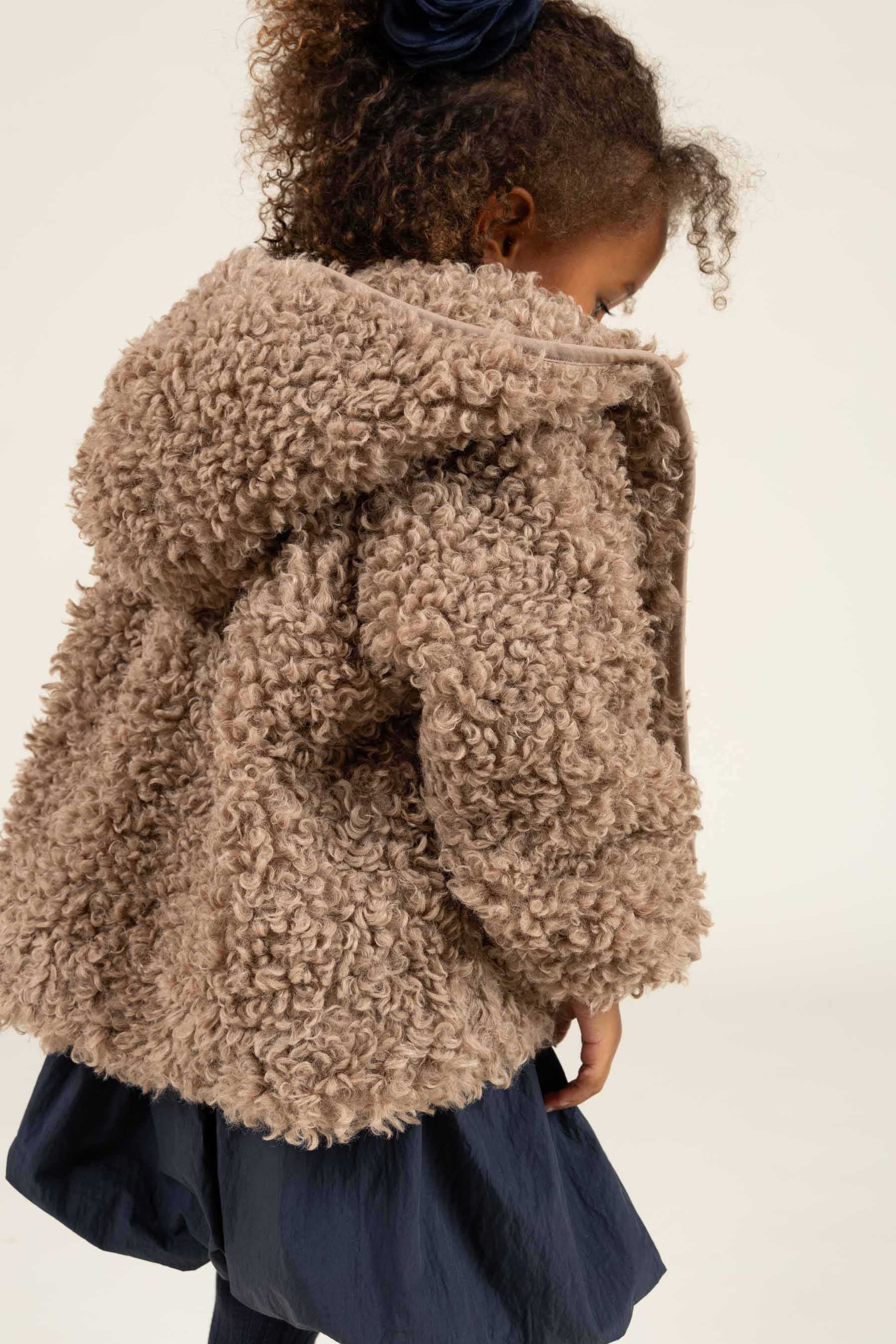 Faux Fur Hooded Jacket with Rib cuff - Kids - Caffe Latte | 100546 Ellie