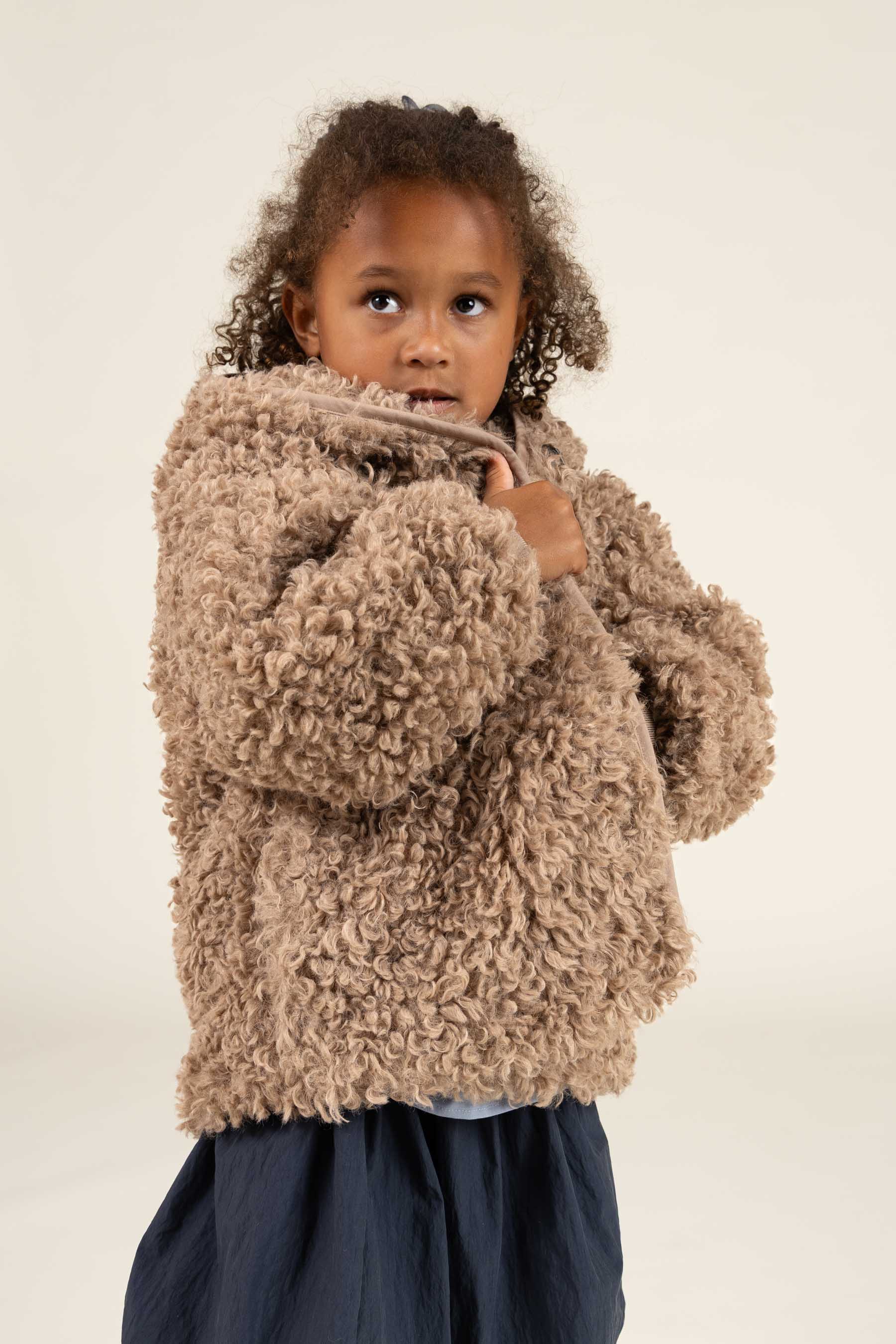 Faux Fur Hooded Jacket with Rib cuff - Kids - Caffe Latte | 100546 Ellie