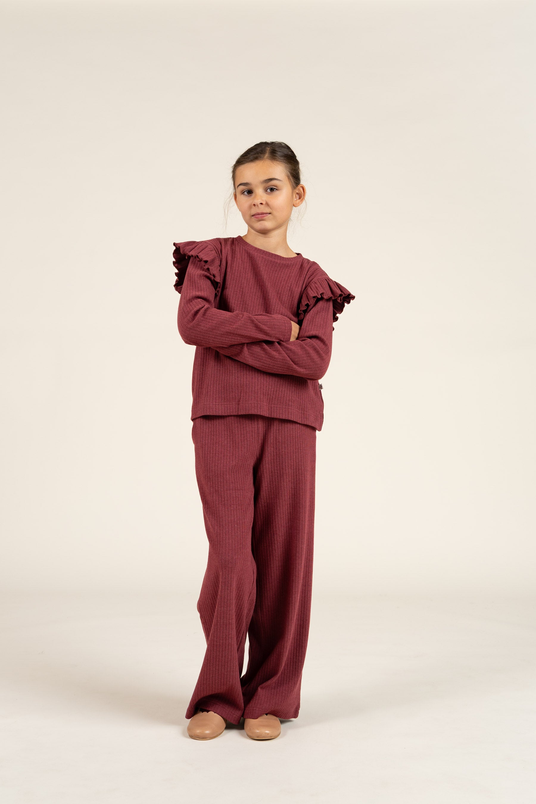 Soft Rib Frill Blouse - Tween - Burgundy Melange | 100696 Alana