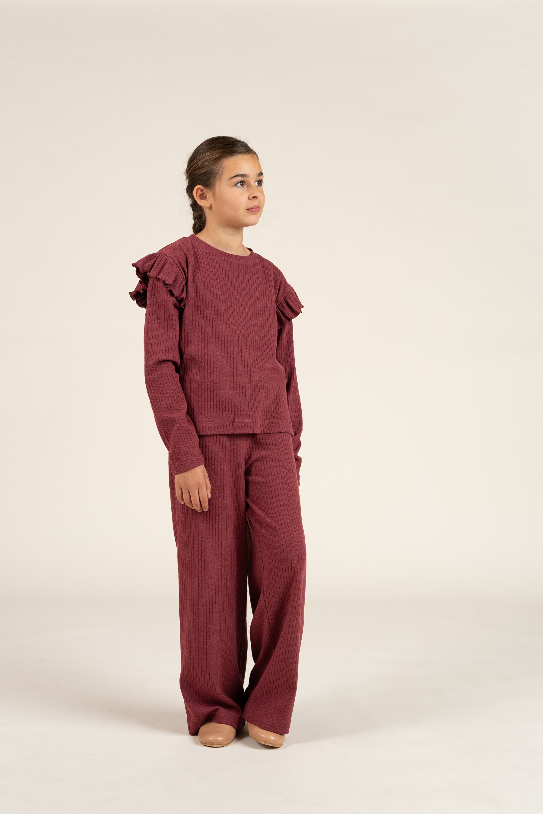 Soft Rib Frill Blouse - Tween - Burgundy Melange | 100696 Alana
