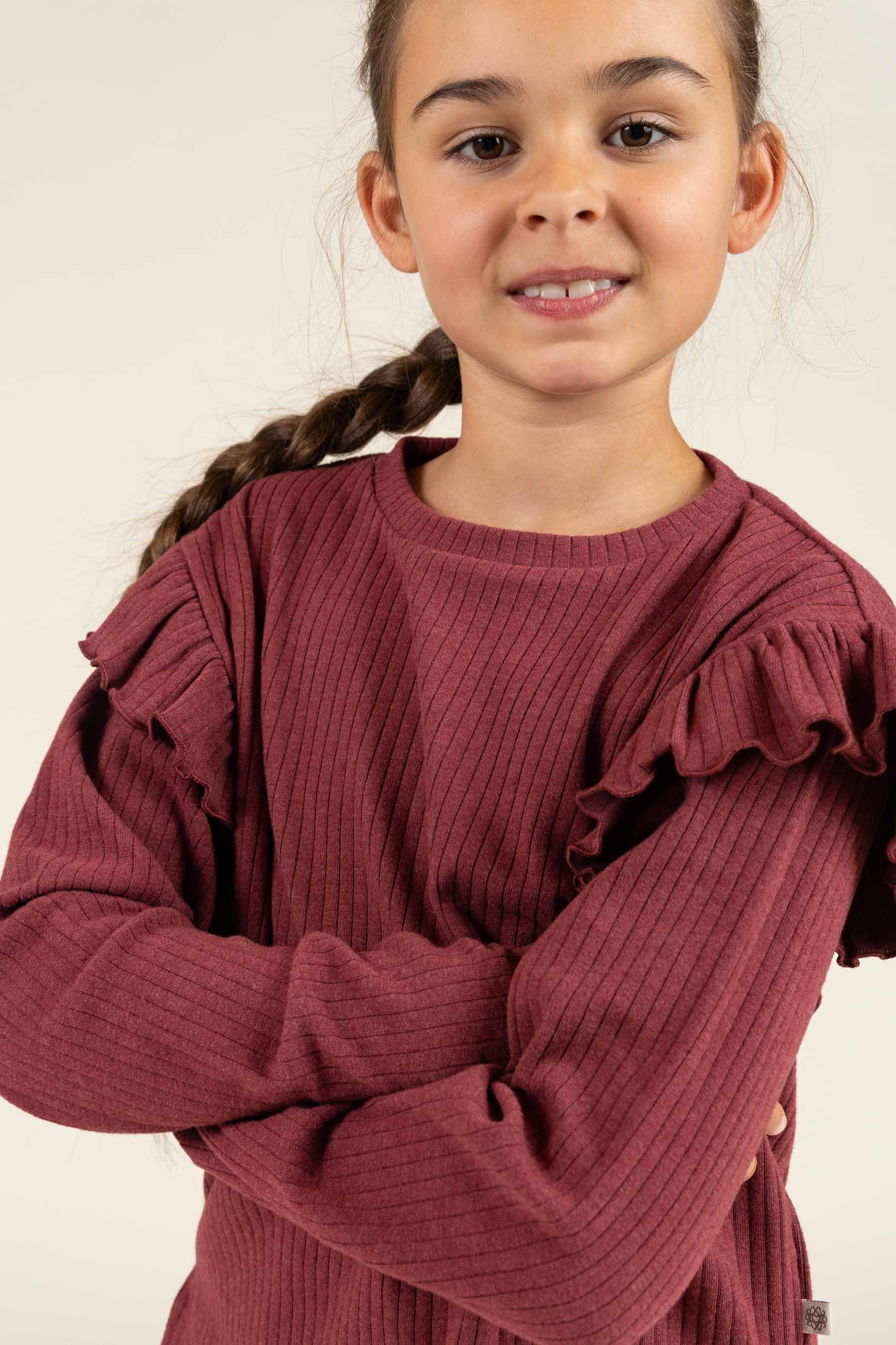 Soft Rib Frill Blouse - Tween - Burgundy Melange | 100696 Alana