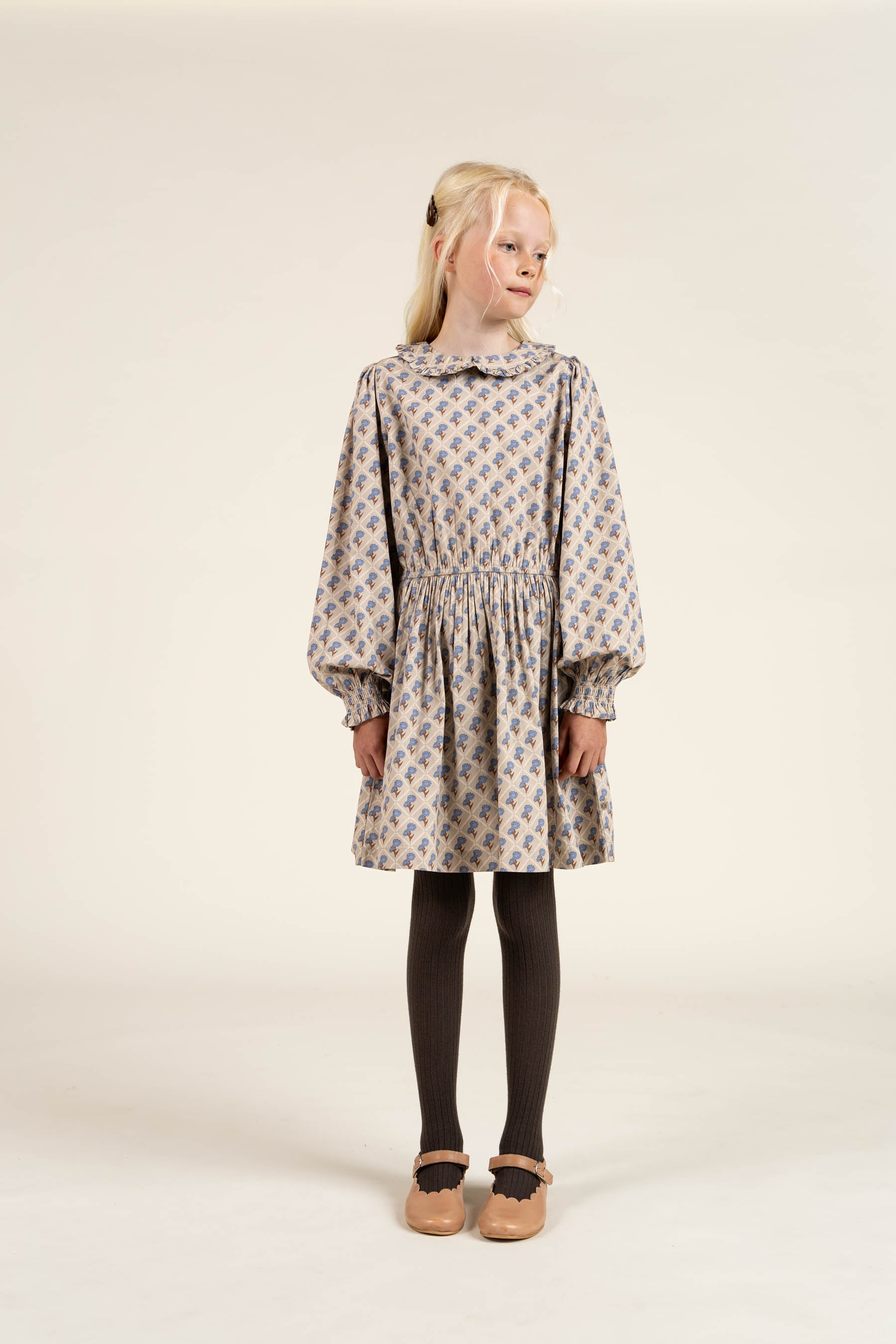 Printed Cotton Poplin Dress with Elastic waist - Tween - Caffe Latte w. Blue | 100801 Amine