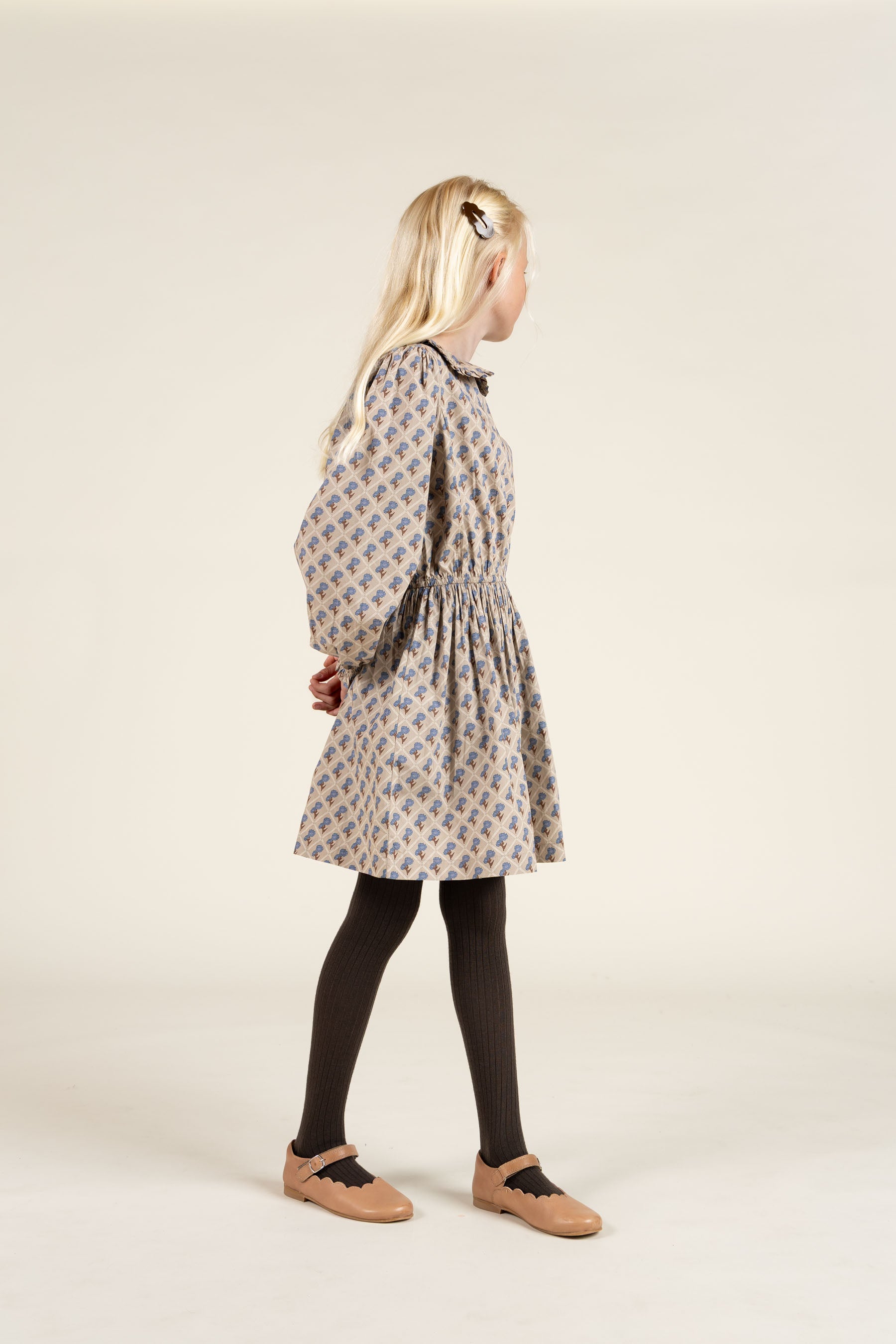 Printed Cotton Poplin Dress with Elastic waist - Tween - Caffe Latte w. Blue | 100801 Amine