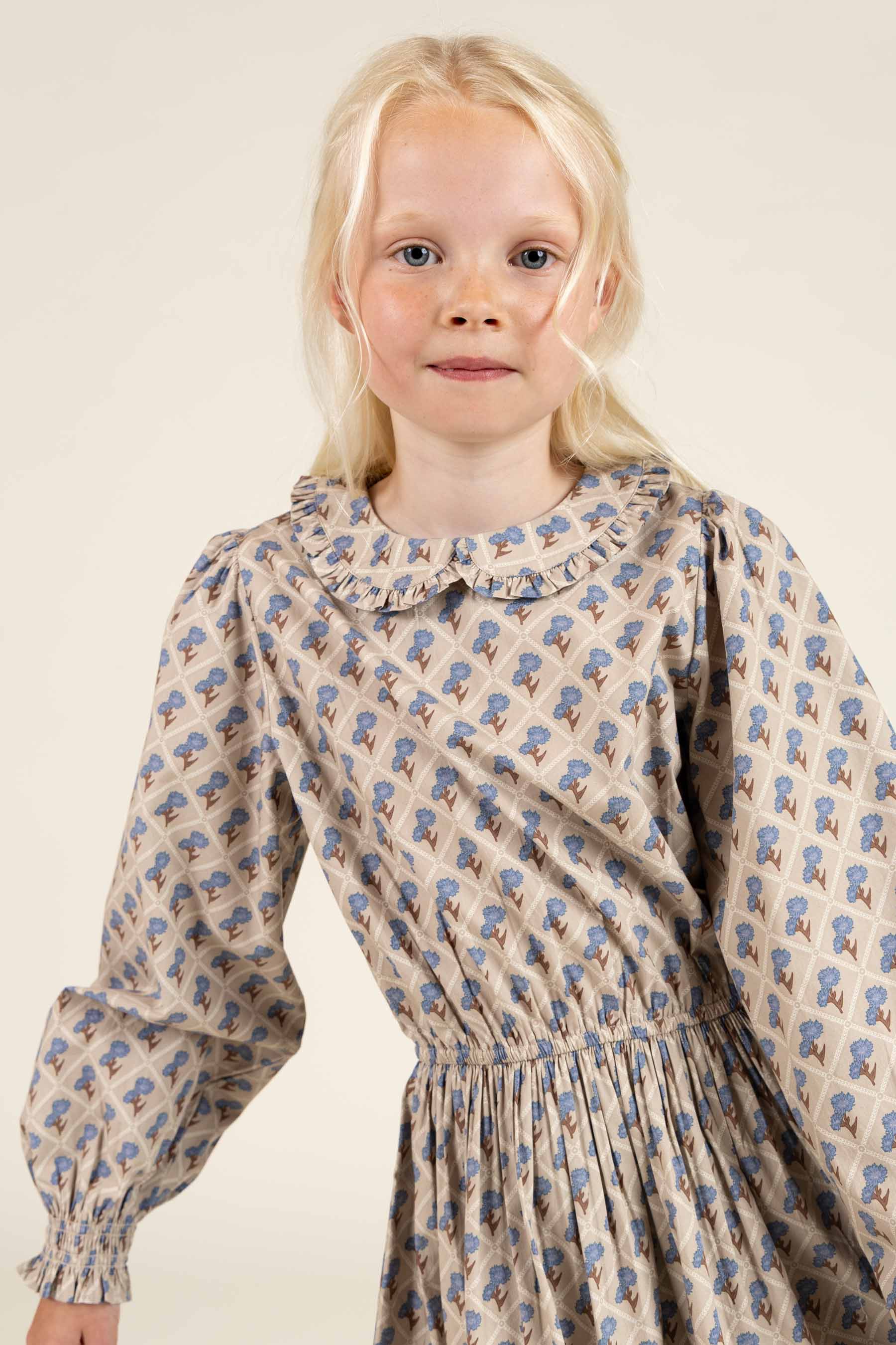 Printed Cotton Poplin Dress with Elastic waist - Tween - Caffe Latte w. Blue | 100801 Amine