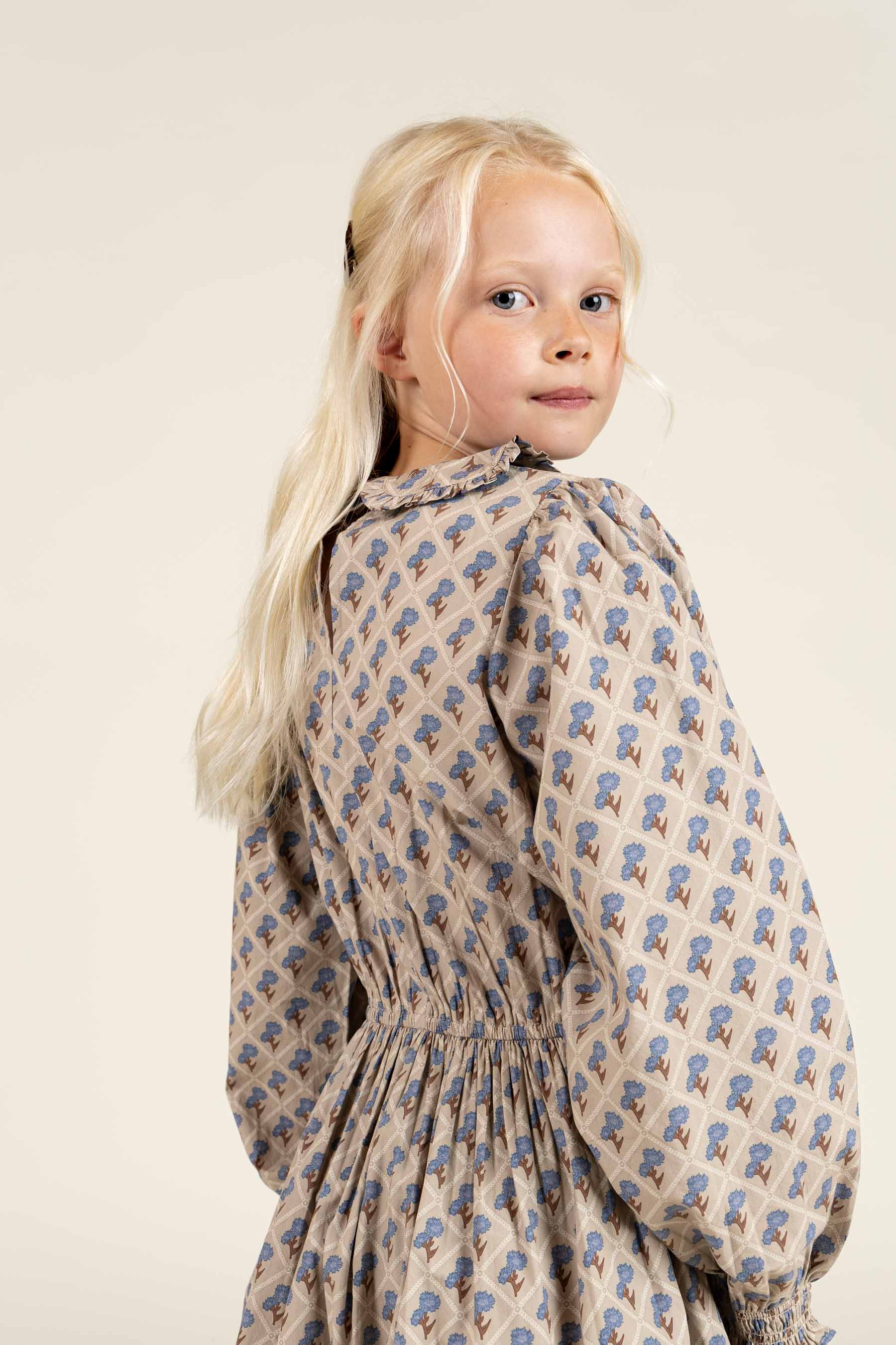Printed Cotton Poplin Dress with Elastic waist - Tween - Caffe Latte w. Blue | 100801 Amine