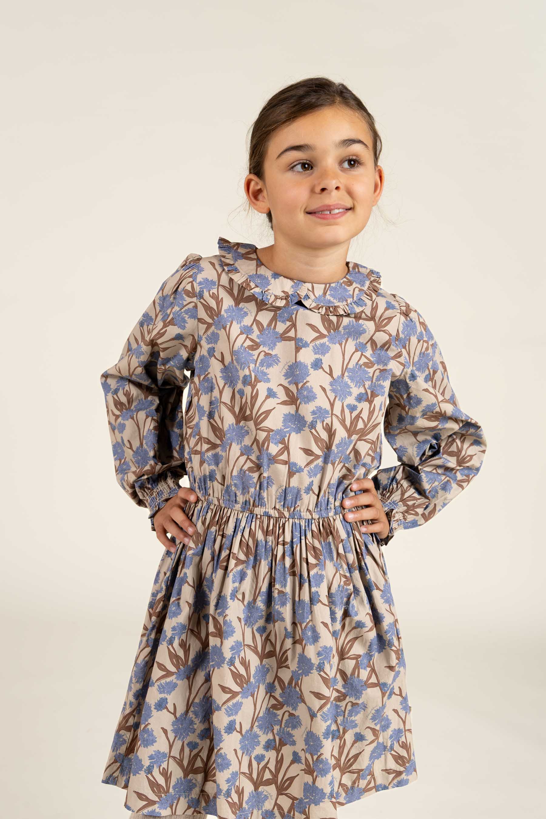 Printed Cotton Poplin Dress with Elastic waist - Tween - Blue / Brown | 100719 Amy