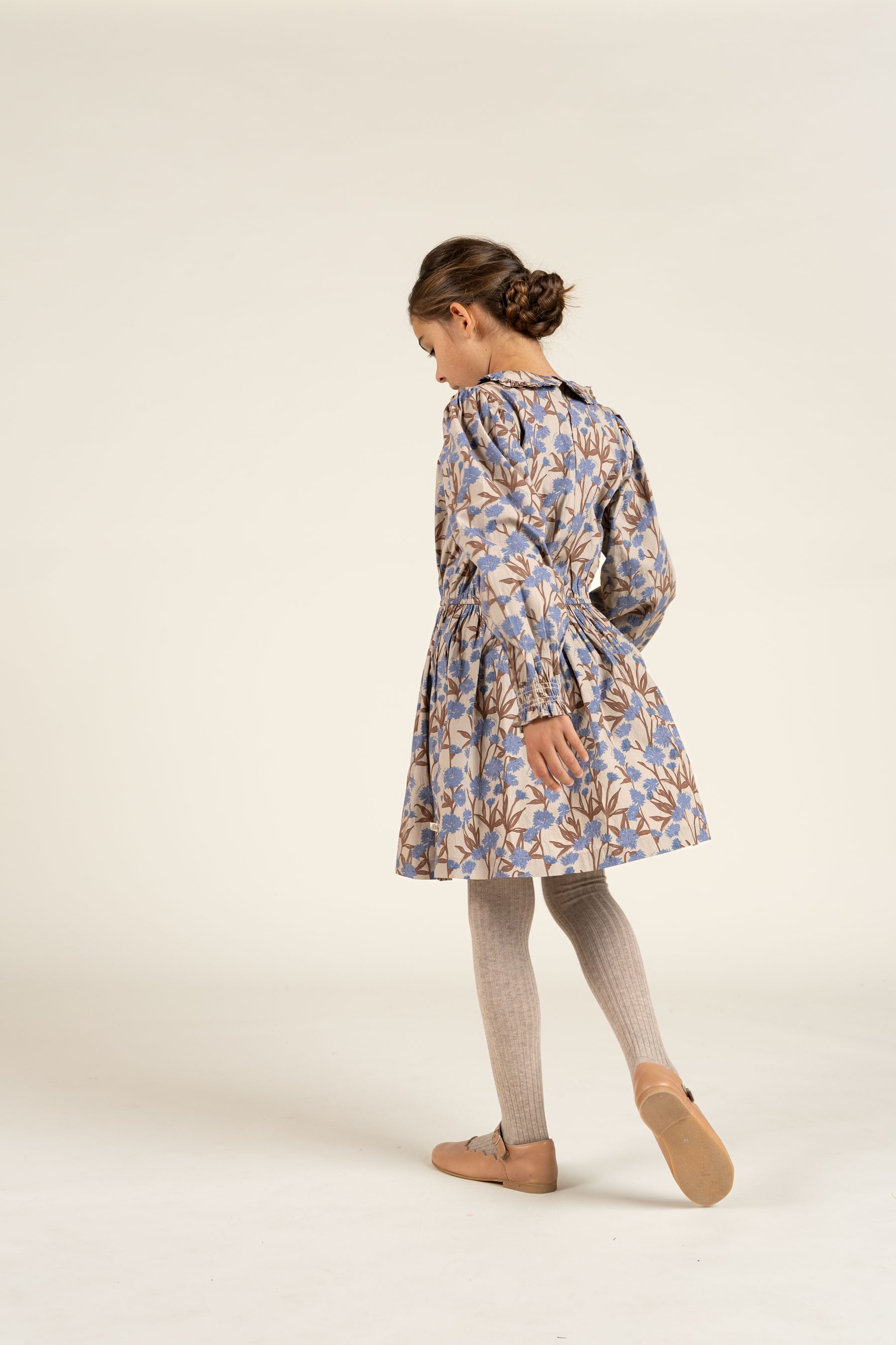 Printed Cotton Poplin Dress with Elastic waist - Tween - Blue / Brown | 100719 Amy