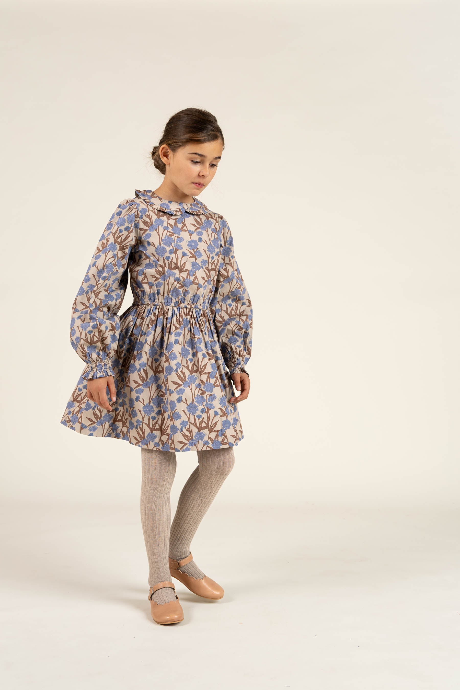 Printed Cotton Poplin Dress with Elastic waist - Tween - Blue / Brown | 100719 Amy