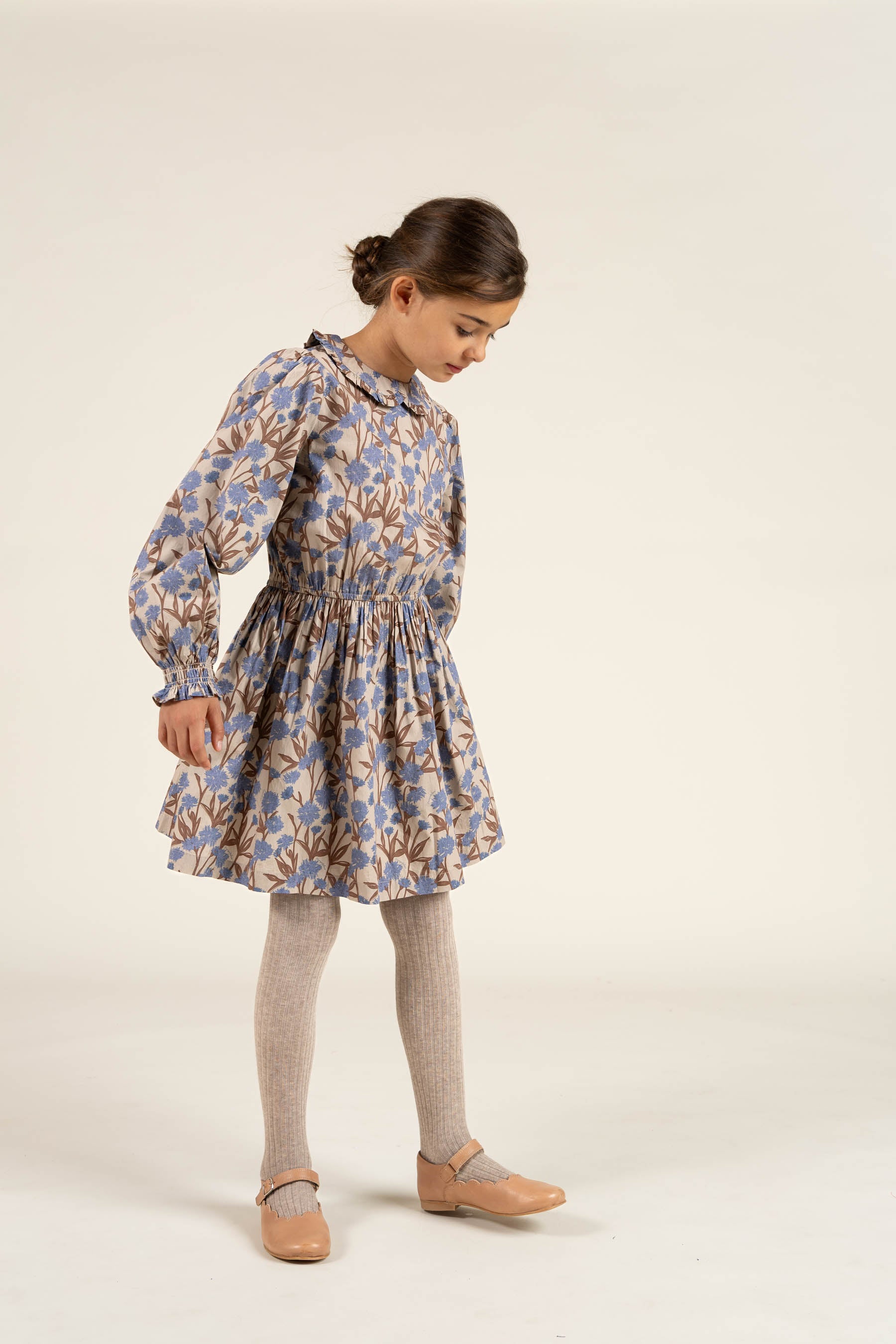 Printed Cotton Poplin Dress with Elastic waist - Tween - Blue / Brown | 100719 Amy