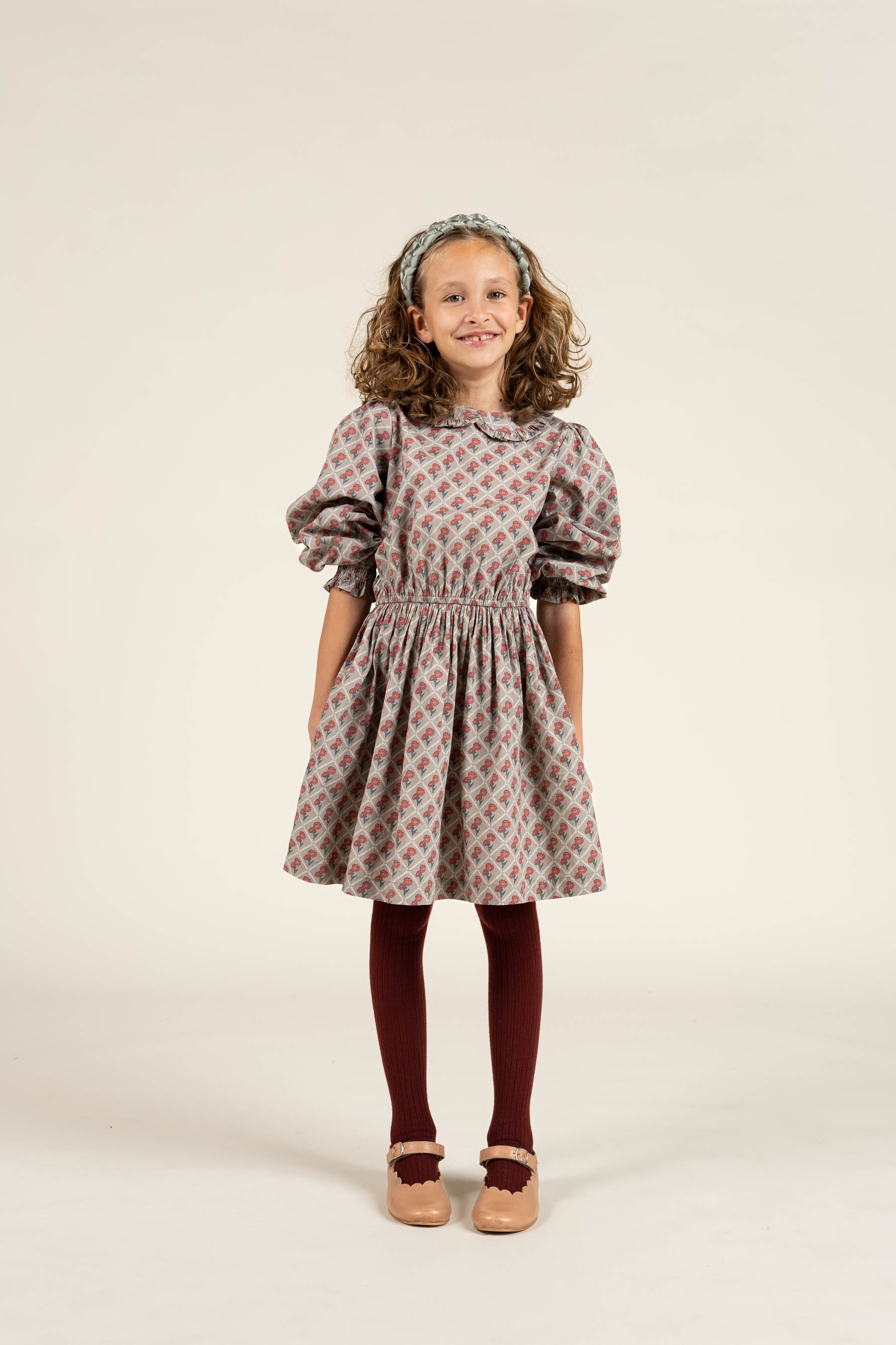 Printed Cotton Poplin Dress with Elastic waist - Tween - Green w. Vintage Red | 100800 Amine