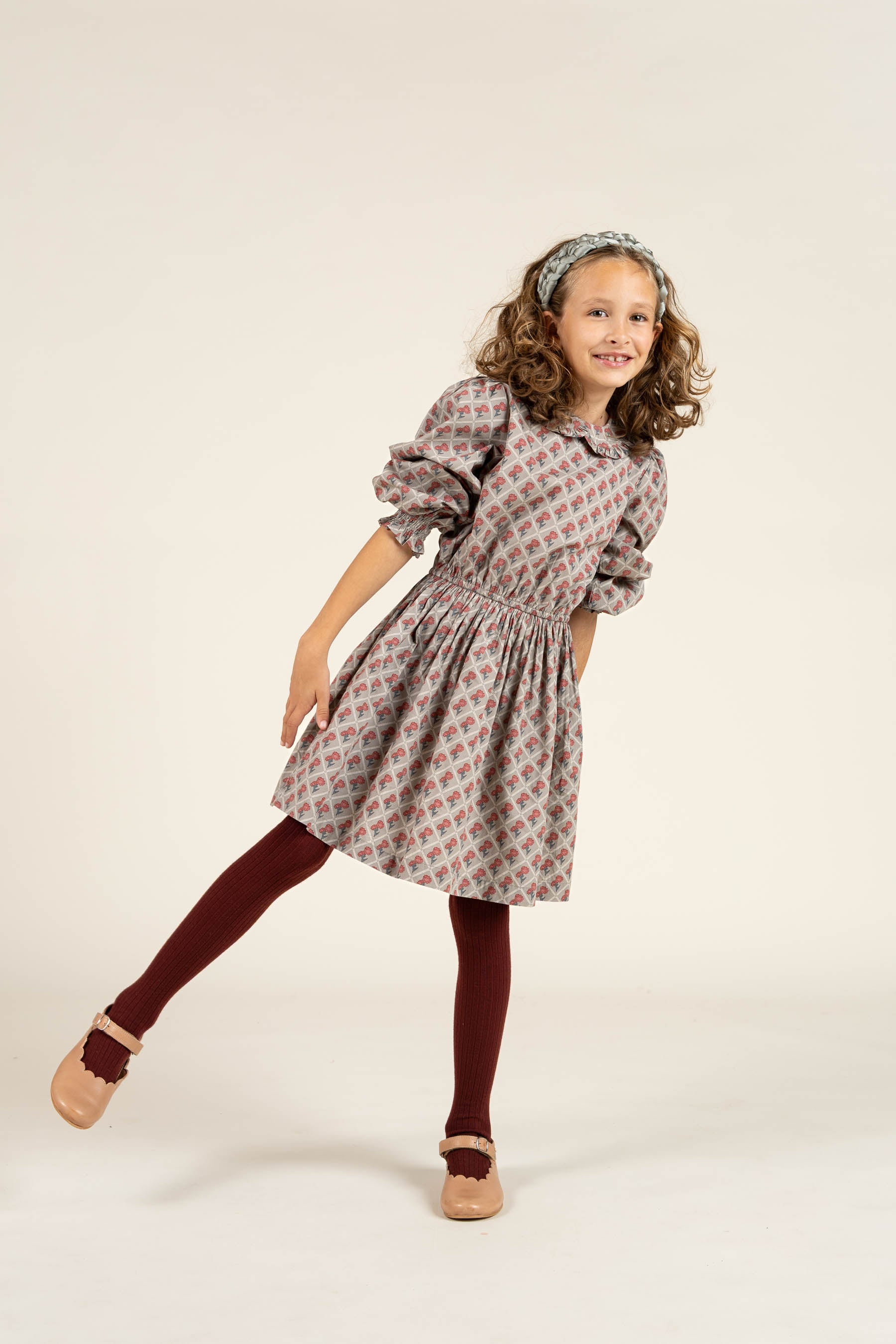 Printed Cotton Poplin Dress with Elastic waist - Tween - Green w. Vintage Red | 100800 Amine