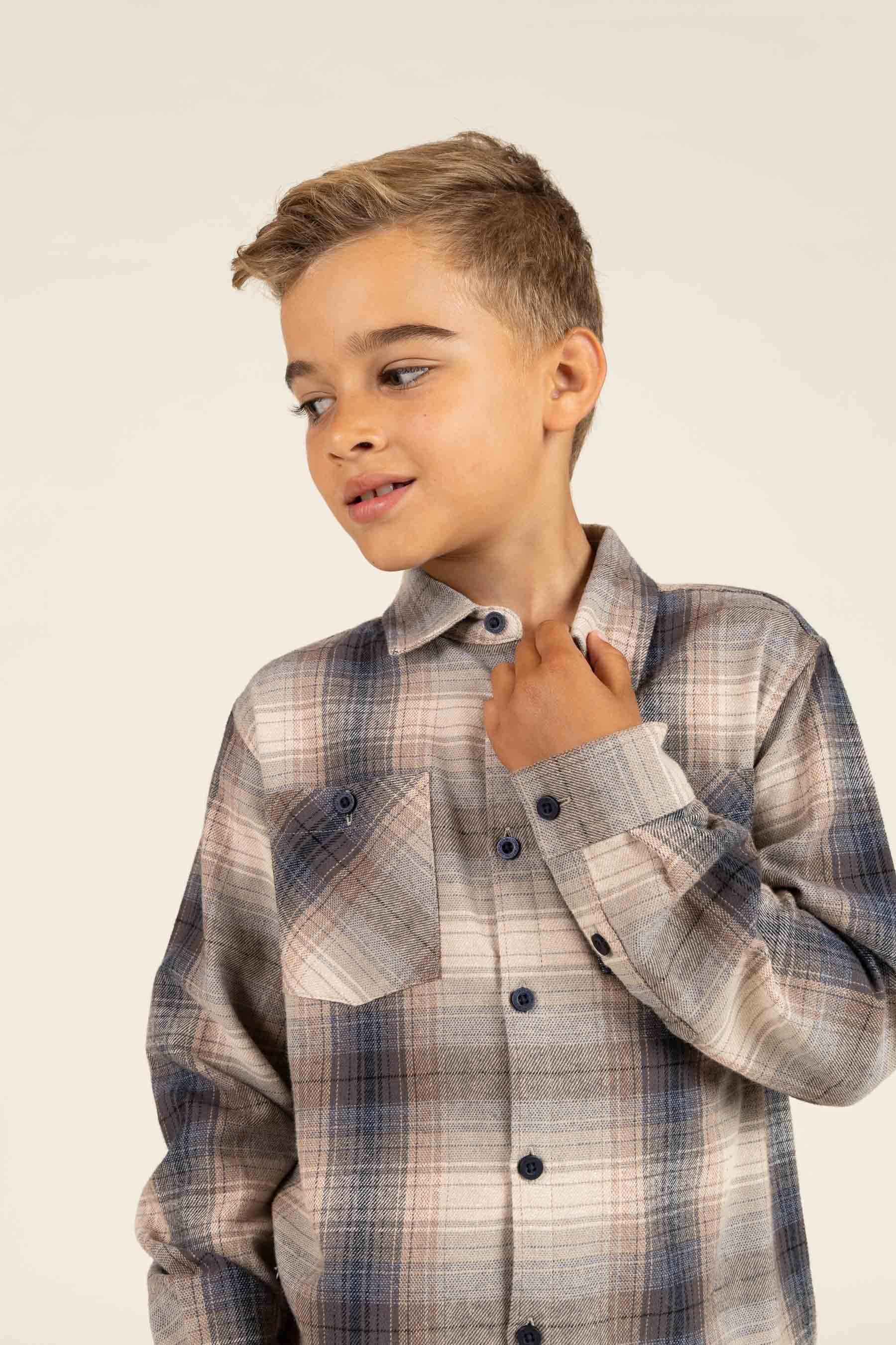 Checked Flannel Shirt - Tween - Brown Navy Check | 100527 Henry