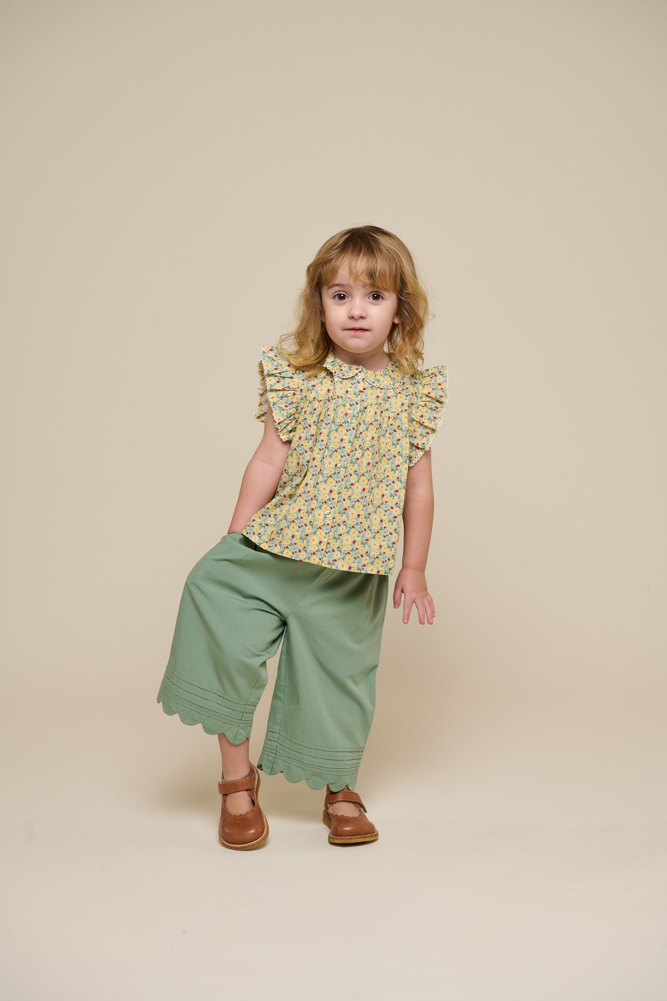 Flower Printed Poplin Frill Top - Kids - Green | 100950 Poppy