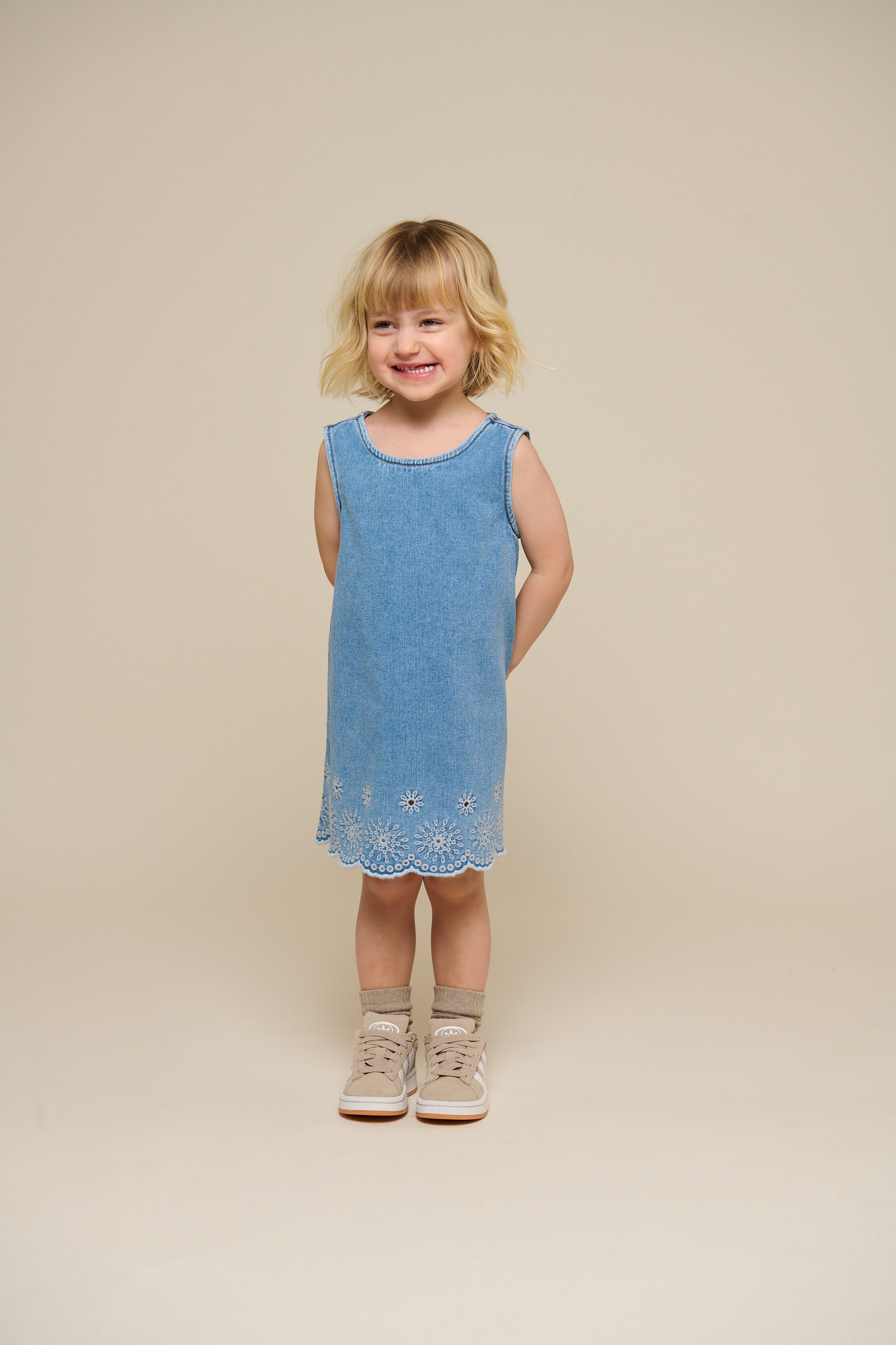 Embroidered Denim Mini Dress - Kids - Light Blue Denim | 101018 Vera