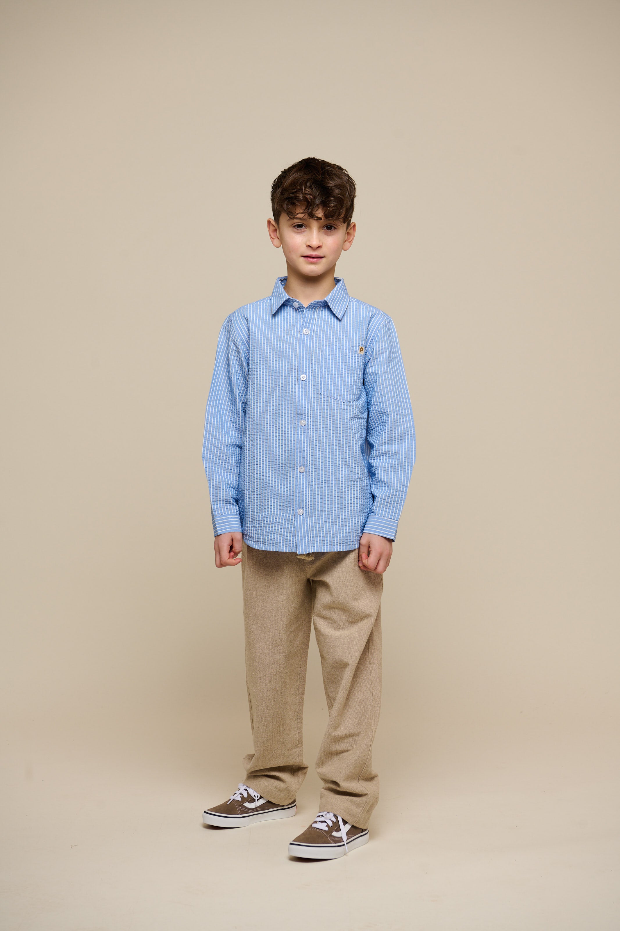 Striped Seersucker Shirt with Rib Cuff - Kids - Blue Stripe | 101348 Patrick