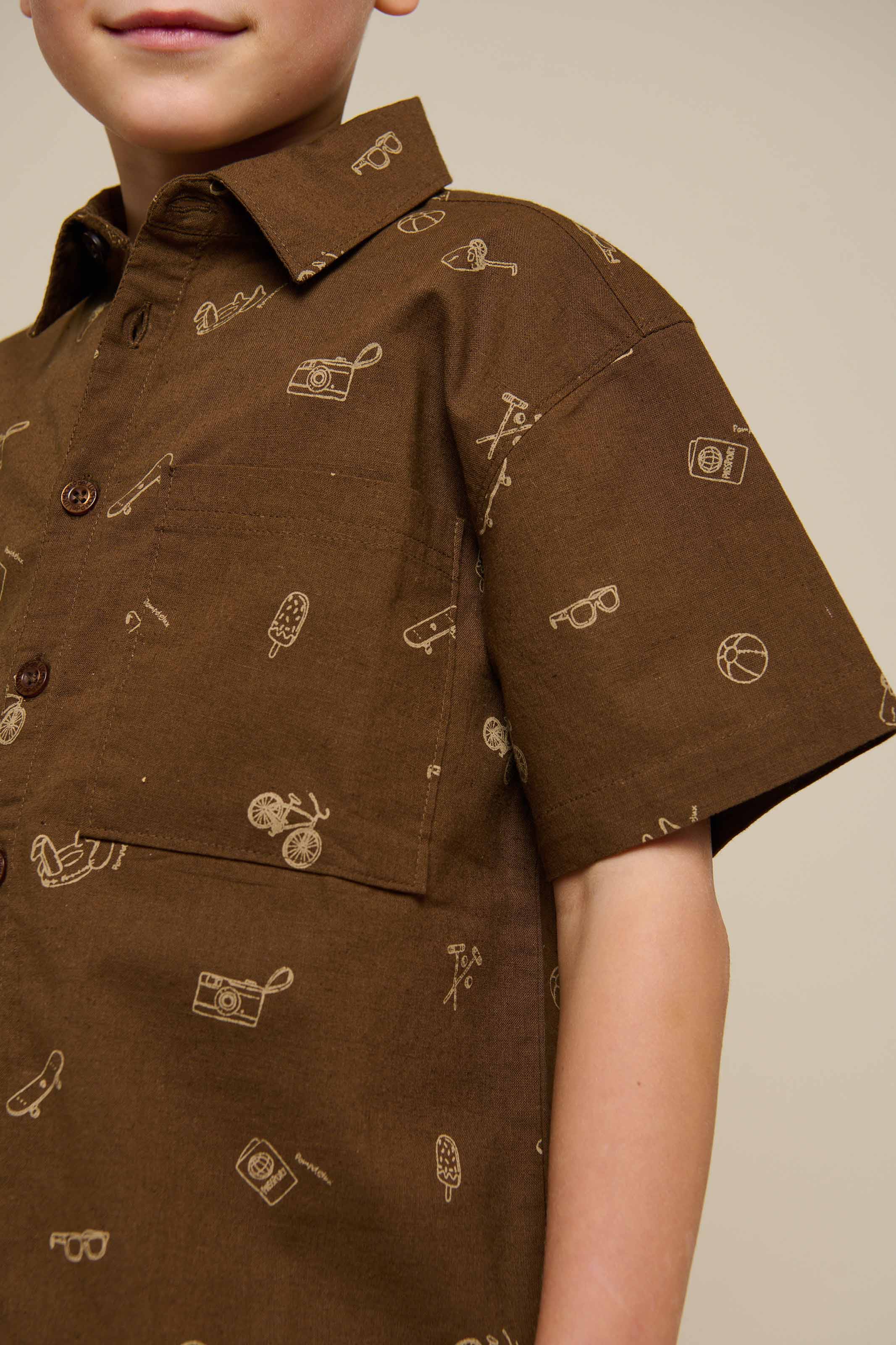 Printed Linen Mix Shirt - Tween - Dark Brown | 101168 William