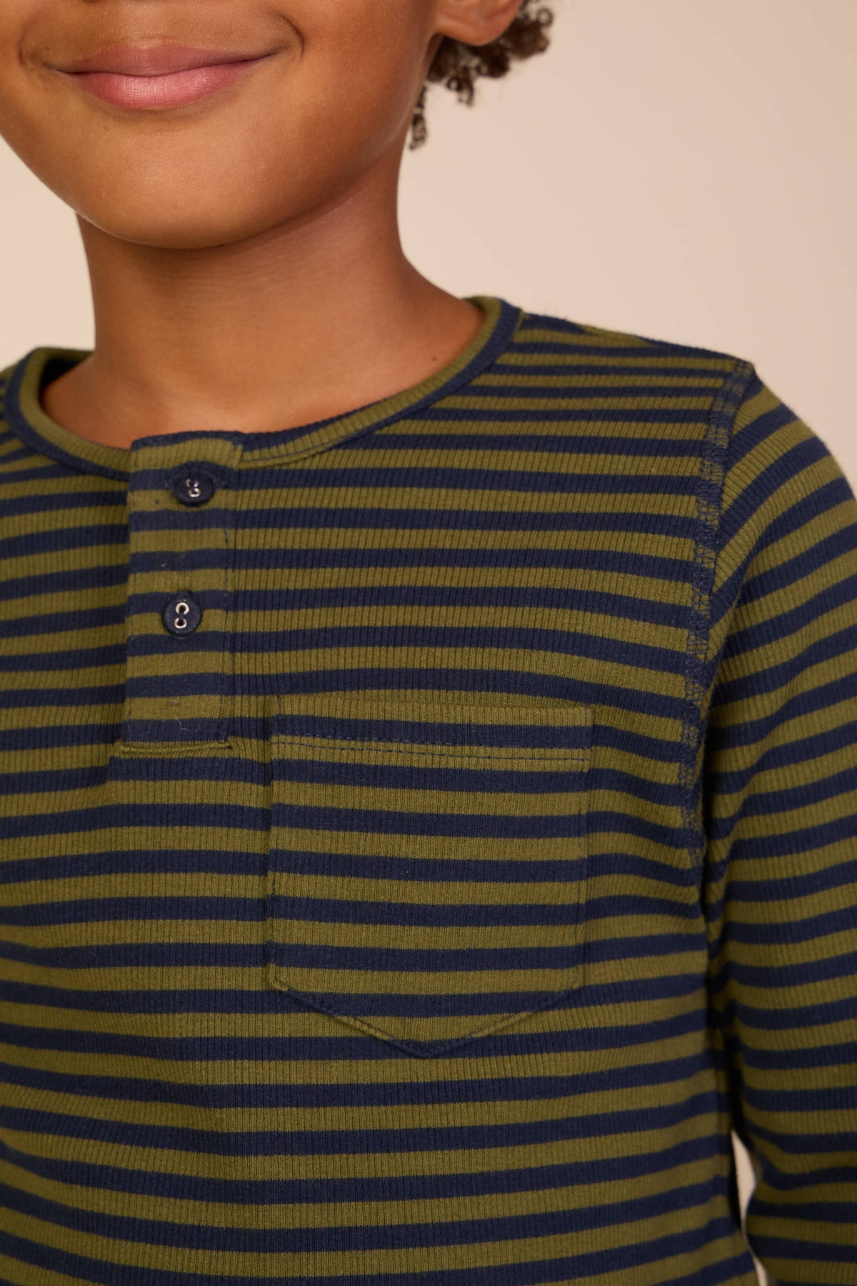 Ribbed Long-Sleeve Henley T-Shirt - Tween - Moss Green/Navy Stripe | 101596 Conrad